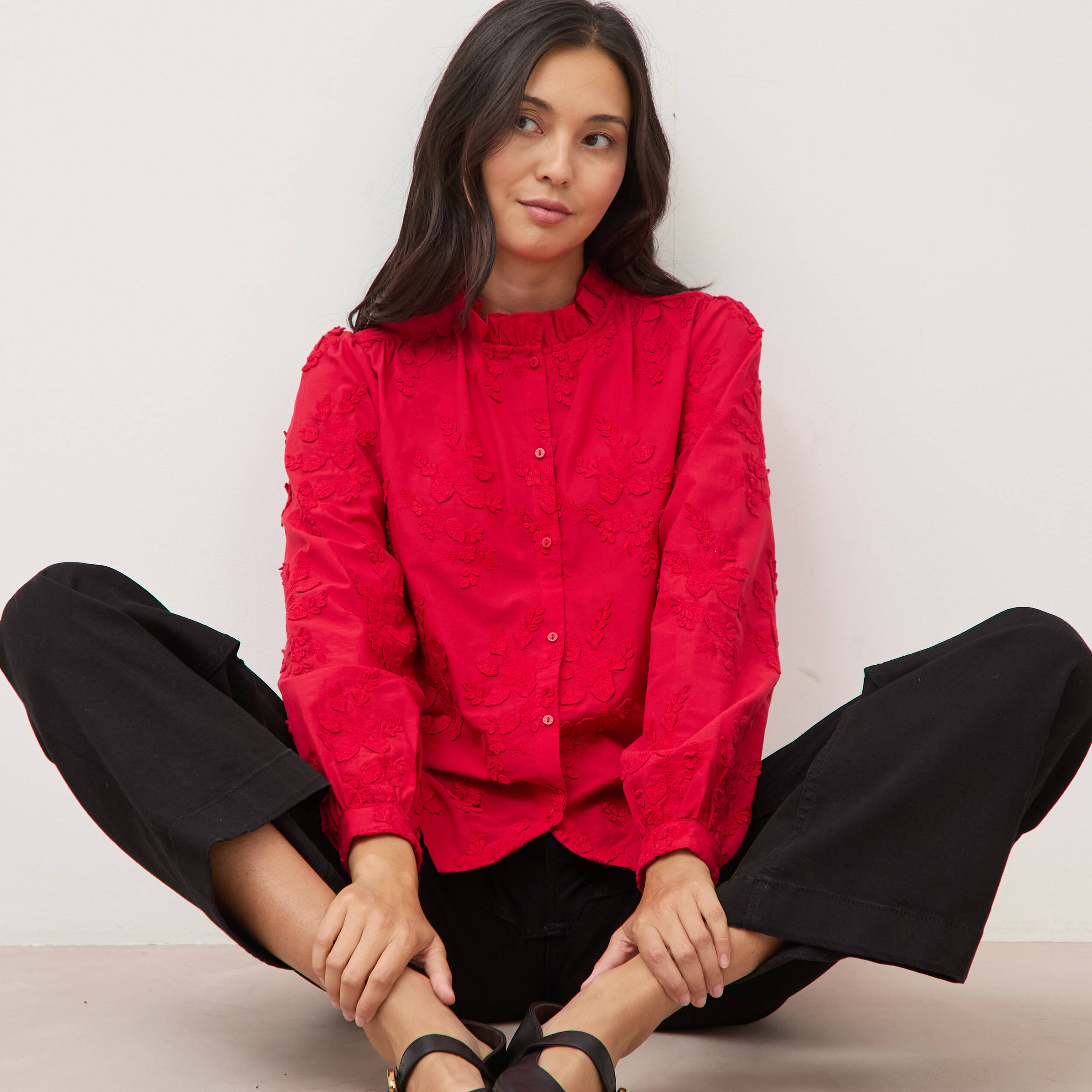 Chemise en coton manches longues rouge fonc&eacute; femme
