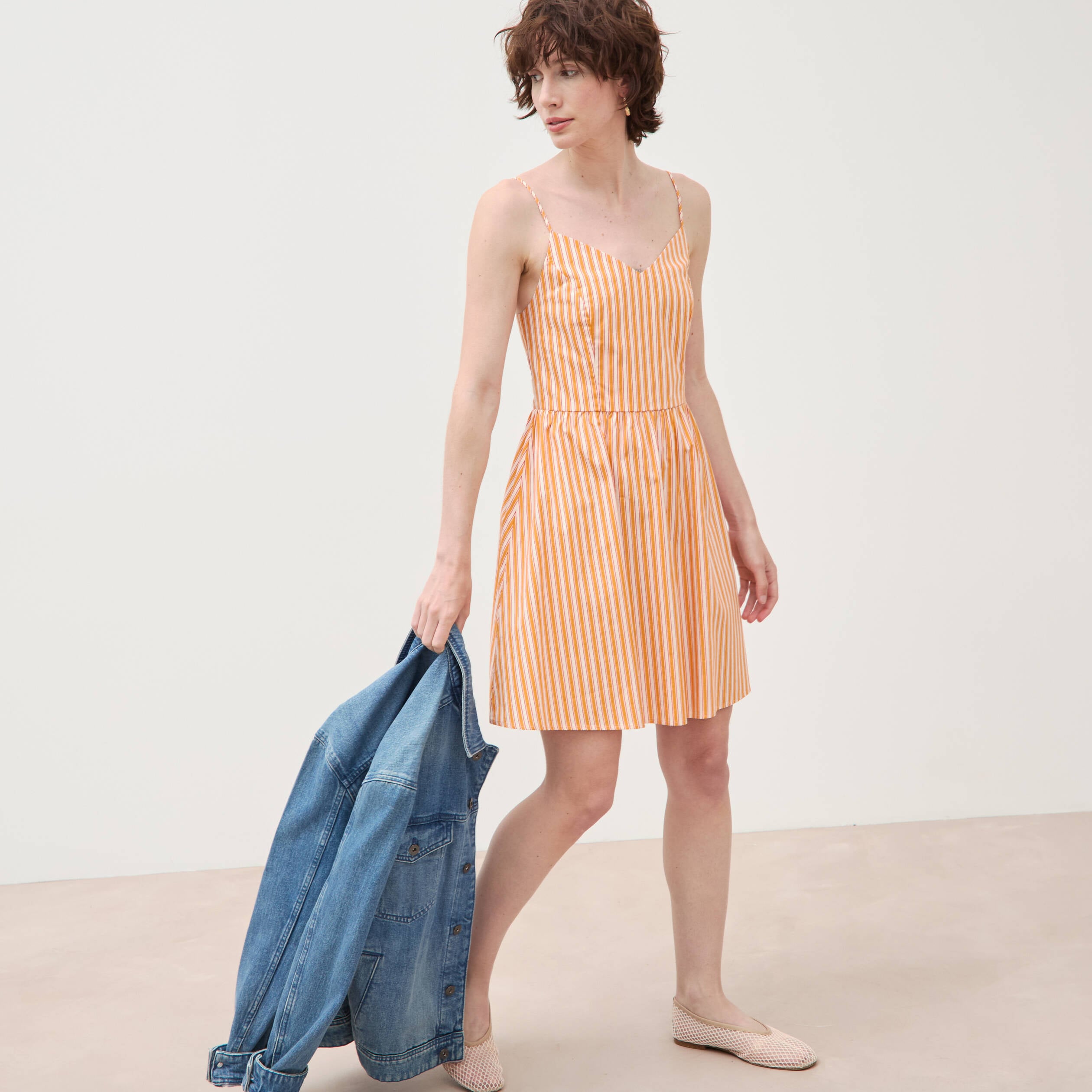 Robe bretelle col c&oelig;ur en coton orange abricot femme