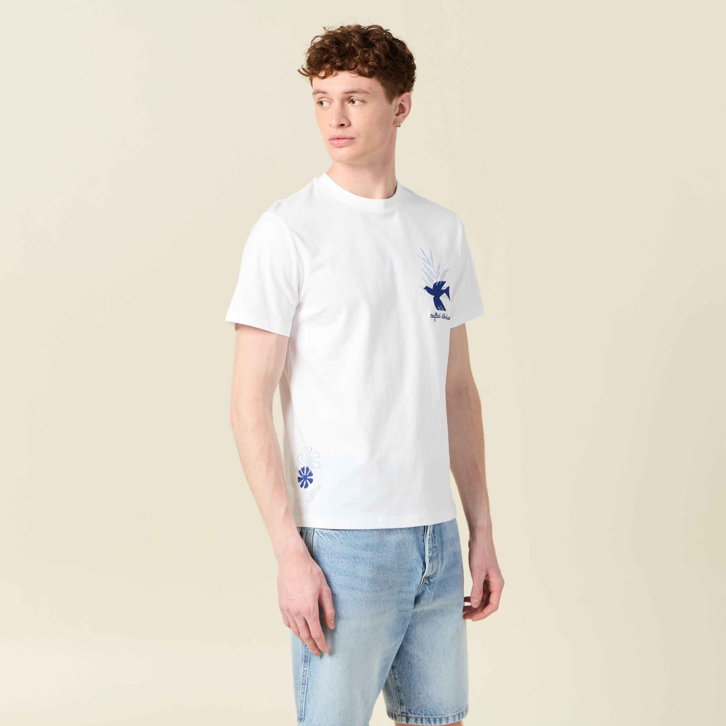 t shirt manches courtes brode blanc homme T-shirt manches courtes brodé blanc homme