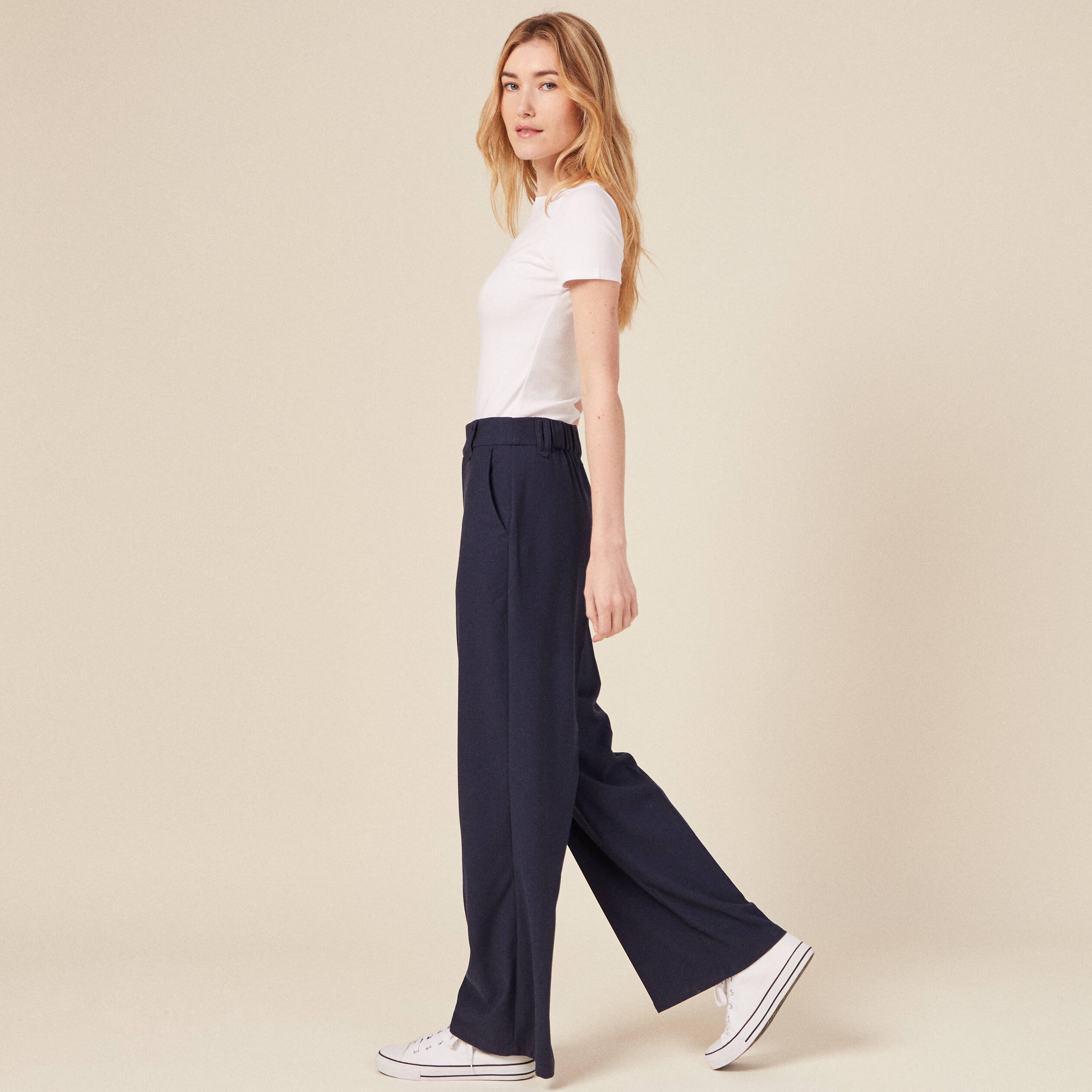 Pantalon large à pinces bleu femme