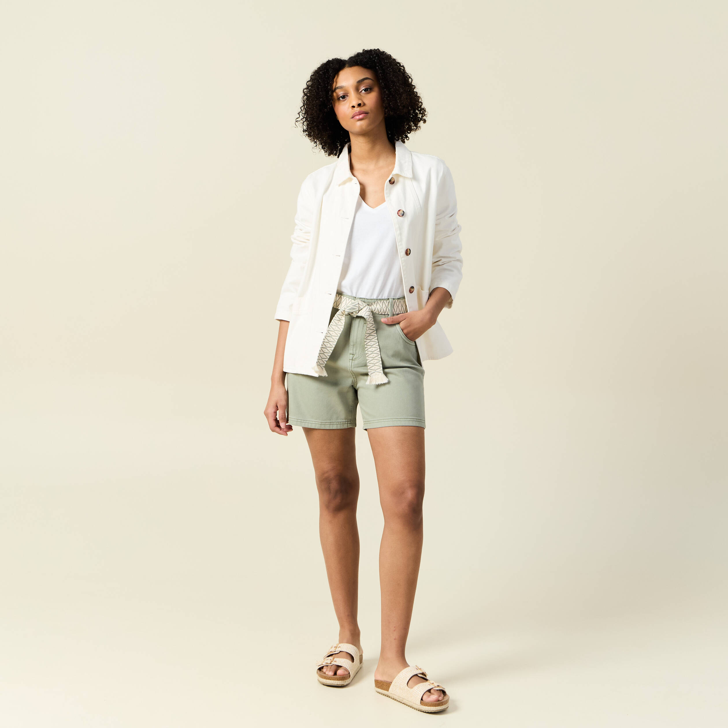 Short boyfriend ceintur&eacute; jean vert kaki femme