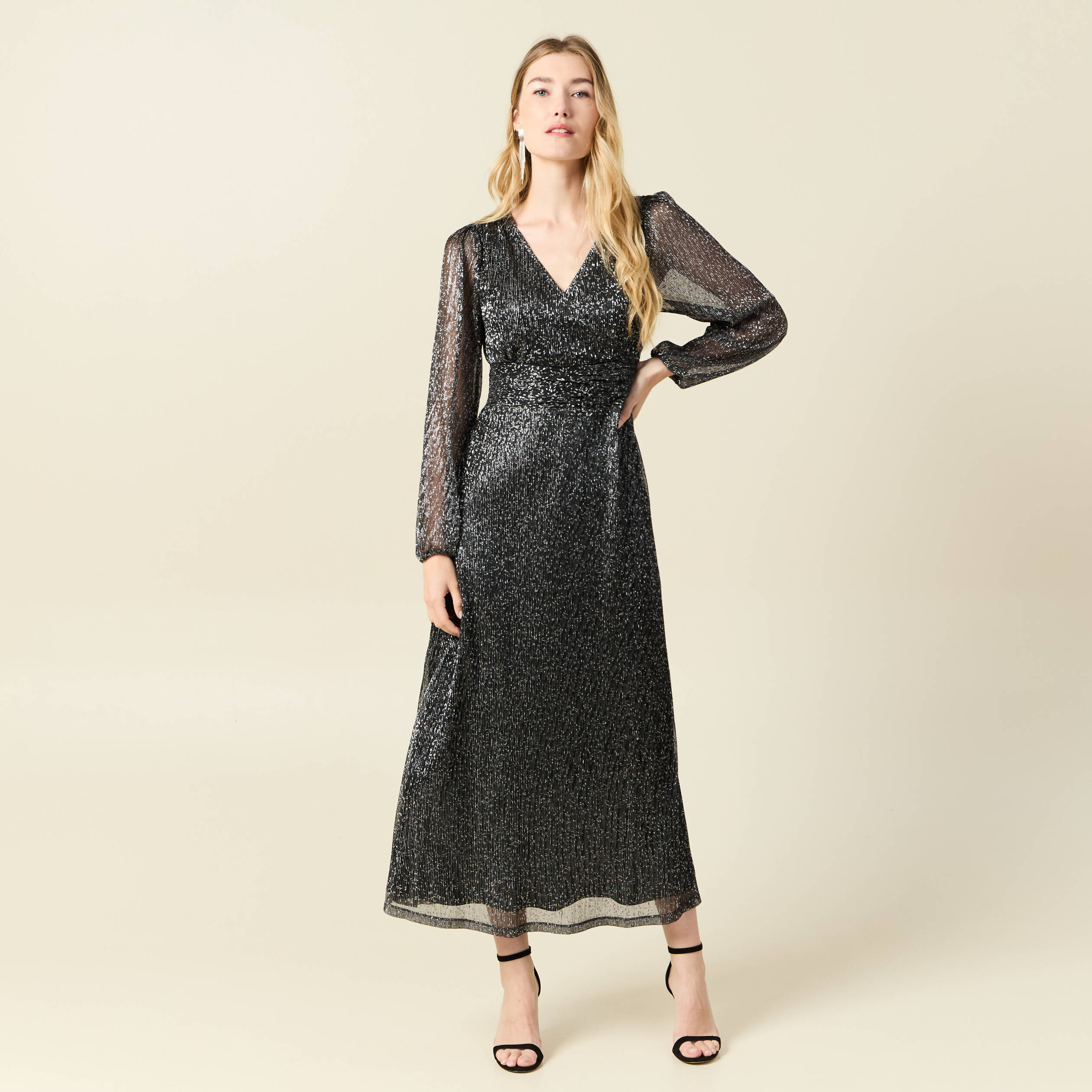 robe longue fils metallises noir femme Robe longue fils métallisés noir femme