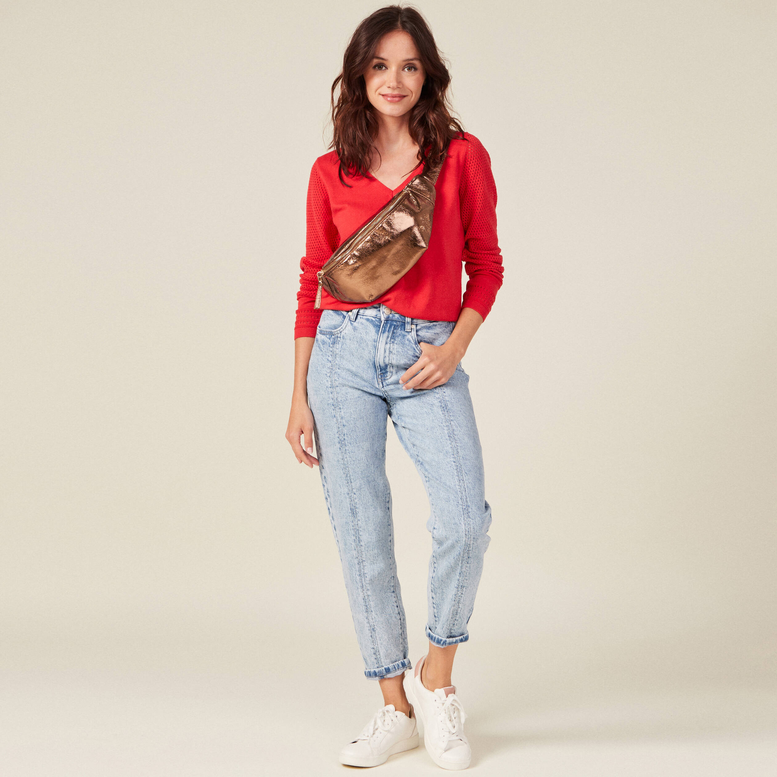 Pull à manches longues rouge foncé femme