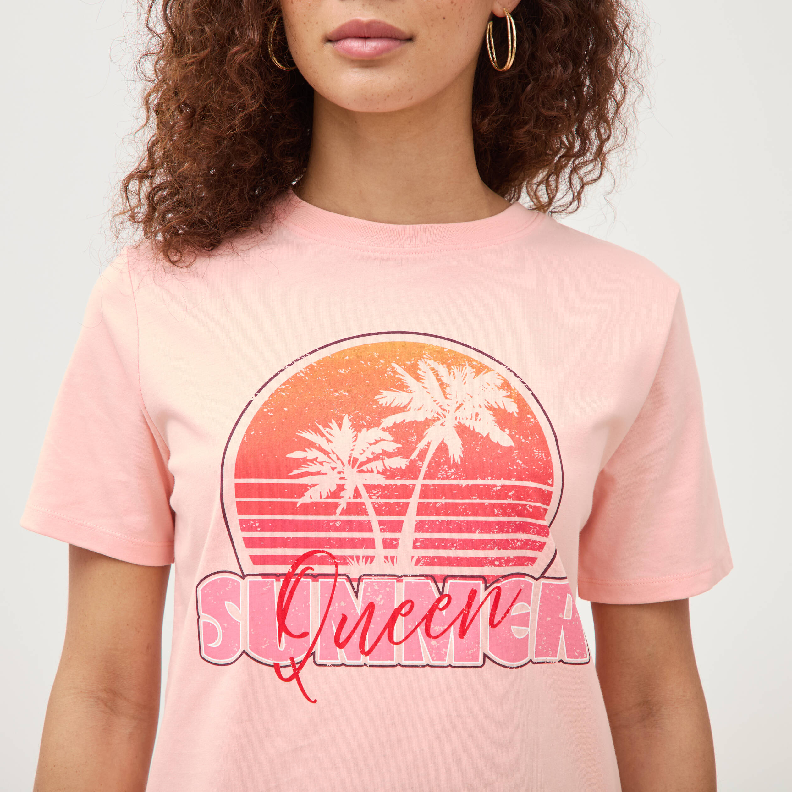 T-shirt droit col rond manches courtes rose saumon femme