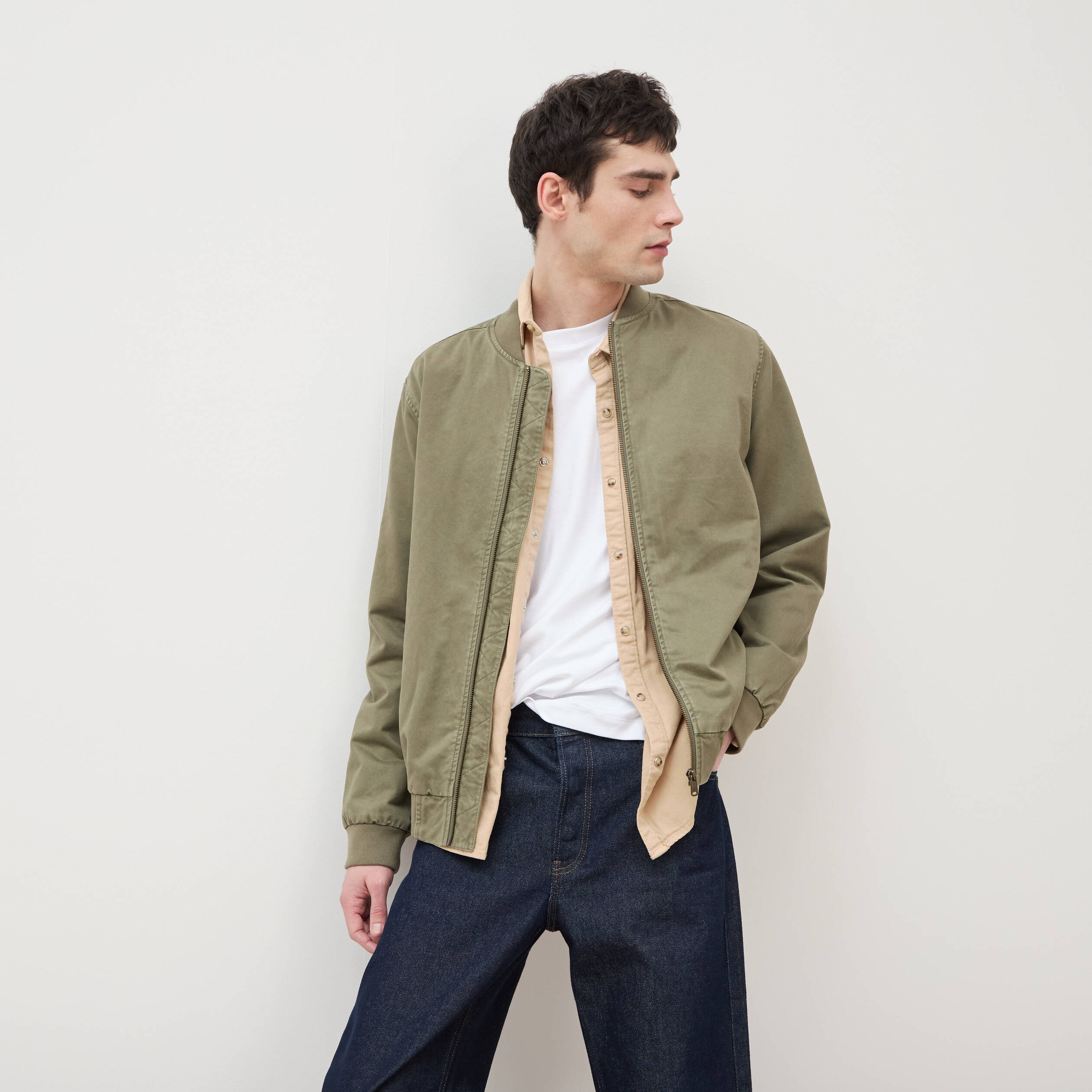 Blouson manches longues doubl&eacute; en coton vert kaki homme