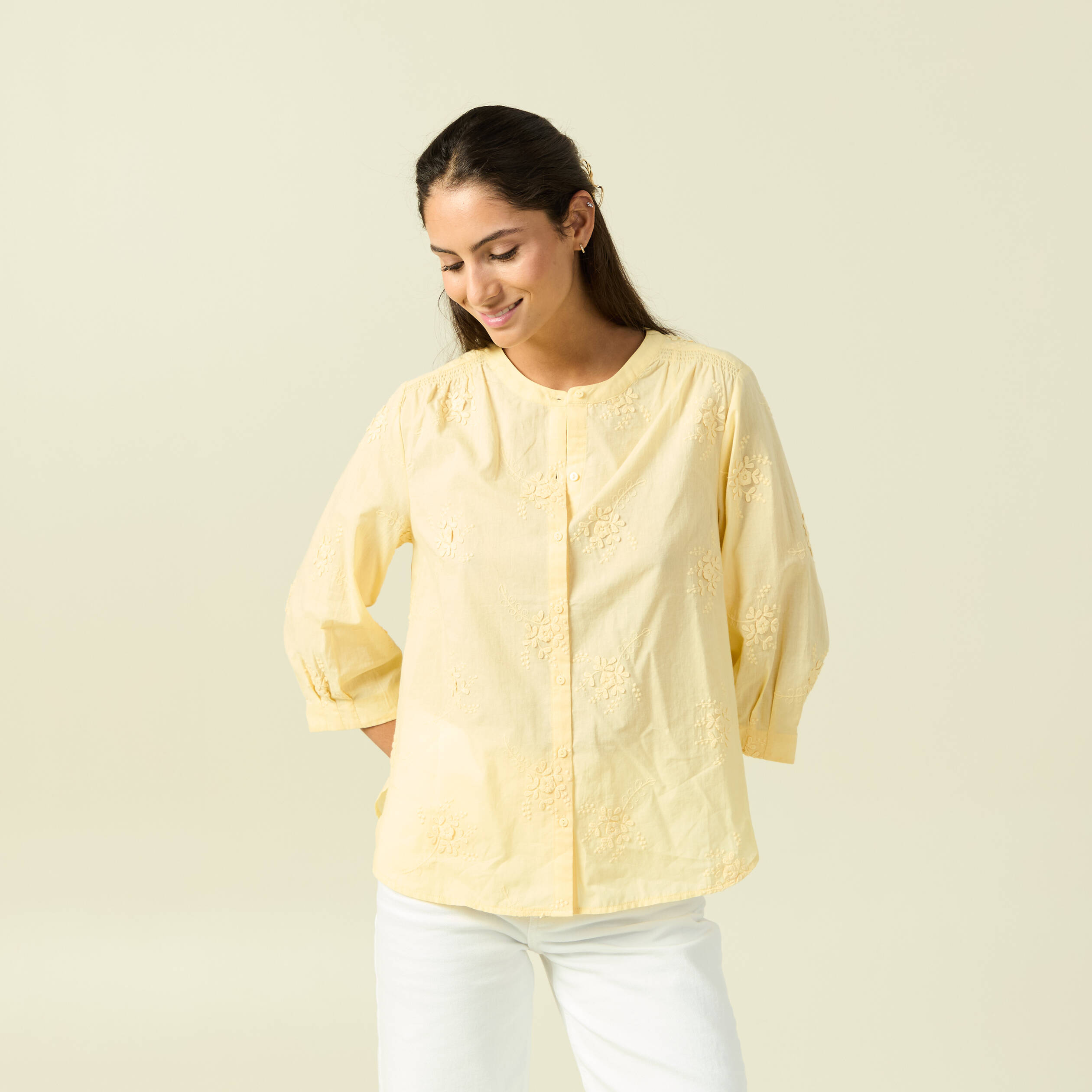 Chemise en coton manches 3/4 jaune clair femme