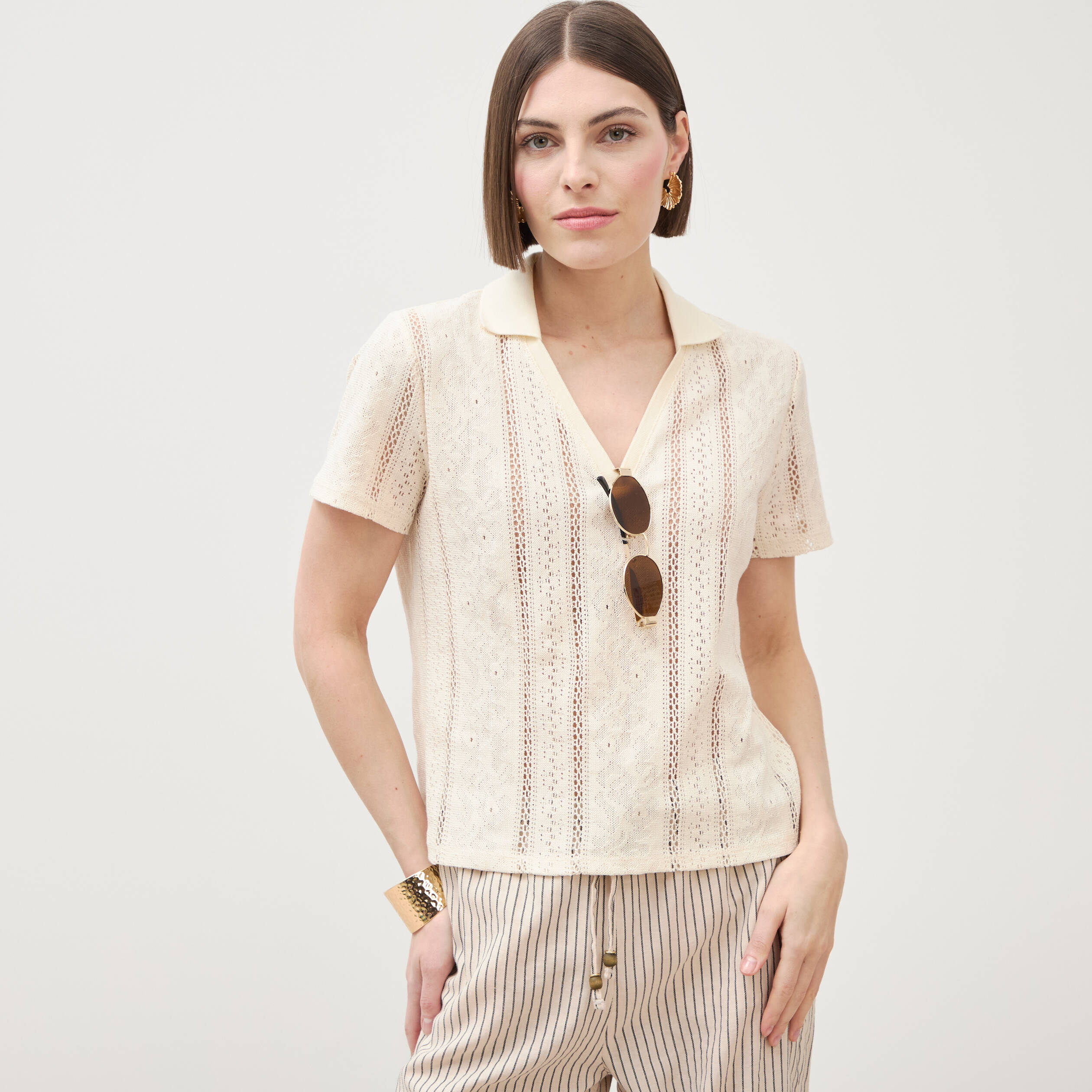 Polo ajust&eacute; manches courtes dentelle ivoire femme