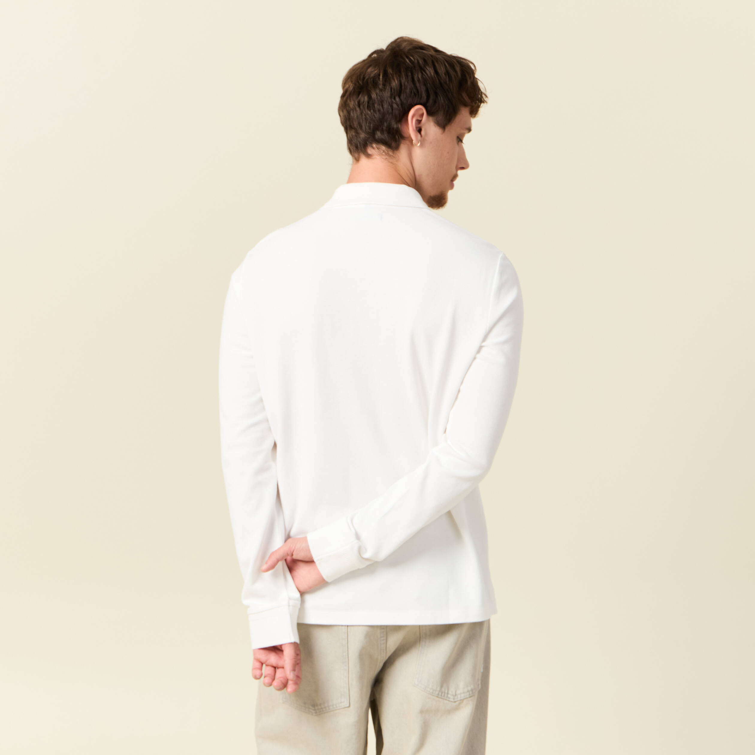 Polo manches longues en coton ecru homme