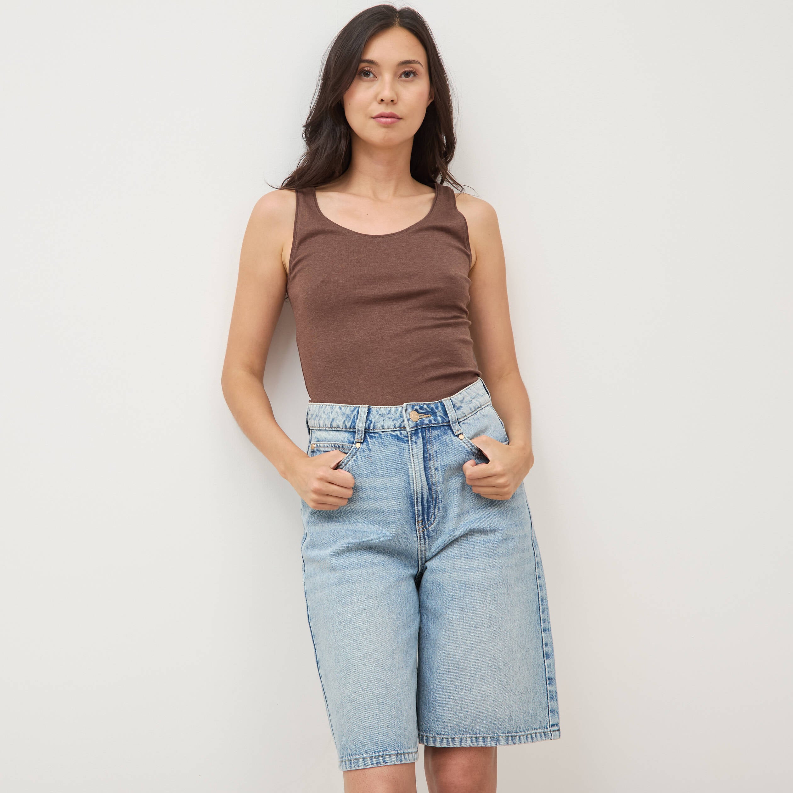 Bermuda large taille haute en coton denim used femme