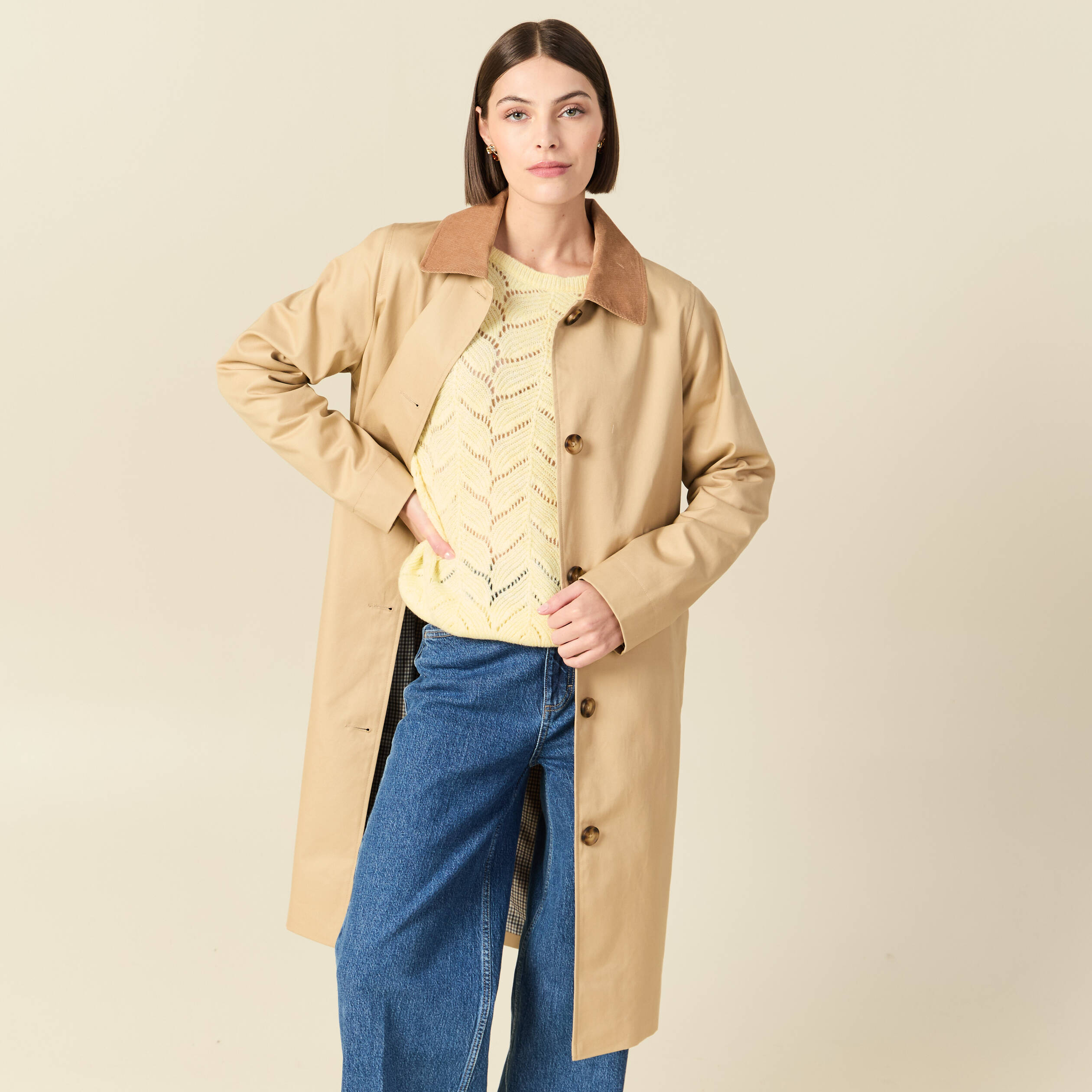 Imperm&eacute;able long droit col tailleur beige femme
