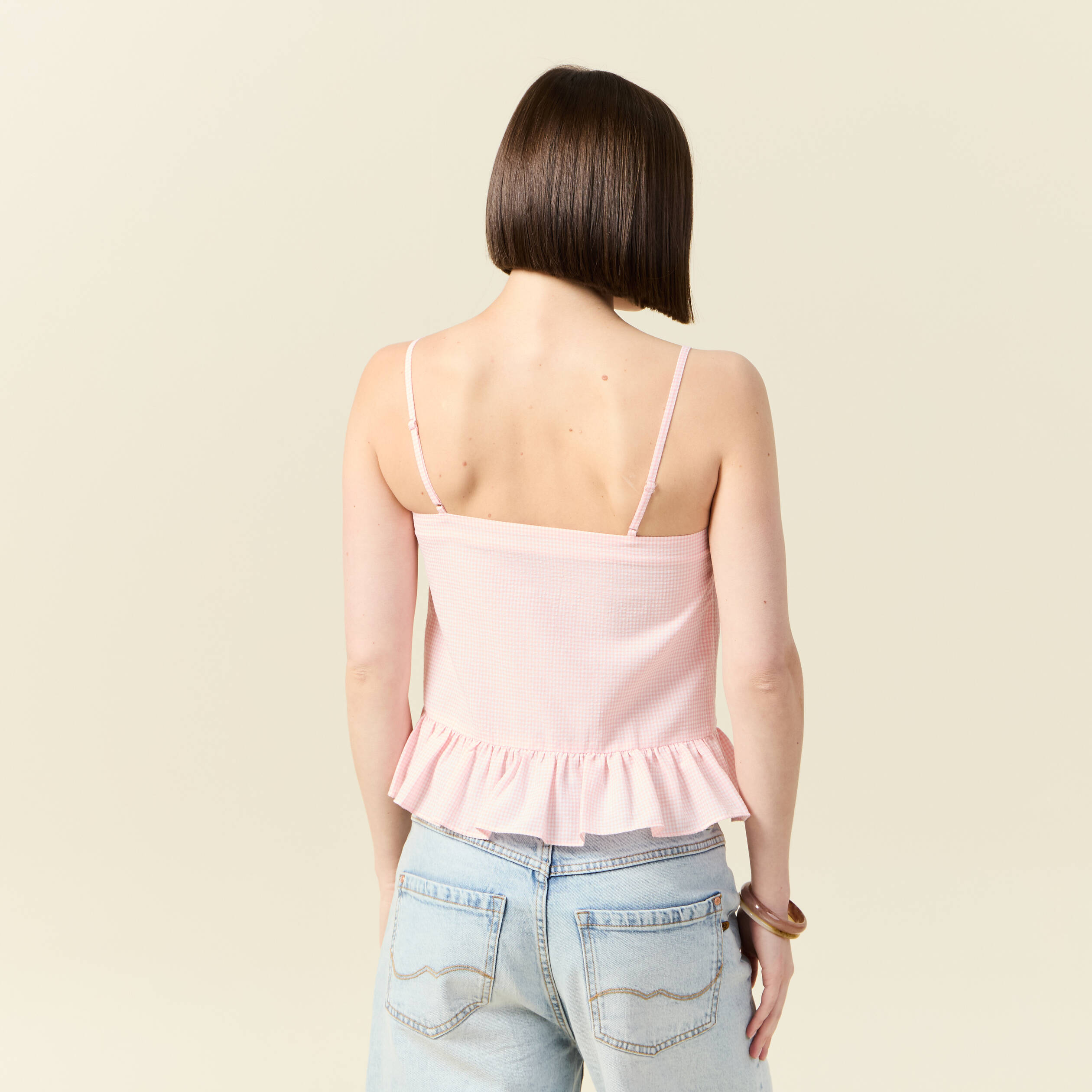 D&eacute;bardeur droit court col carr&eacute; rose clair femme