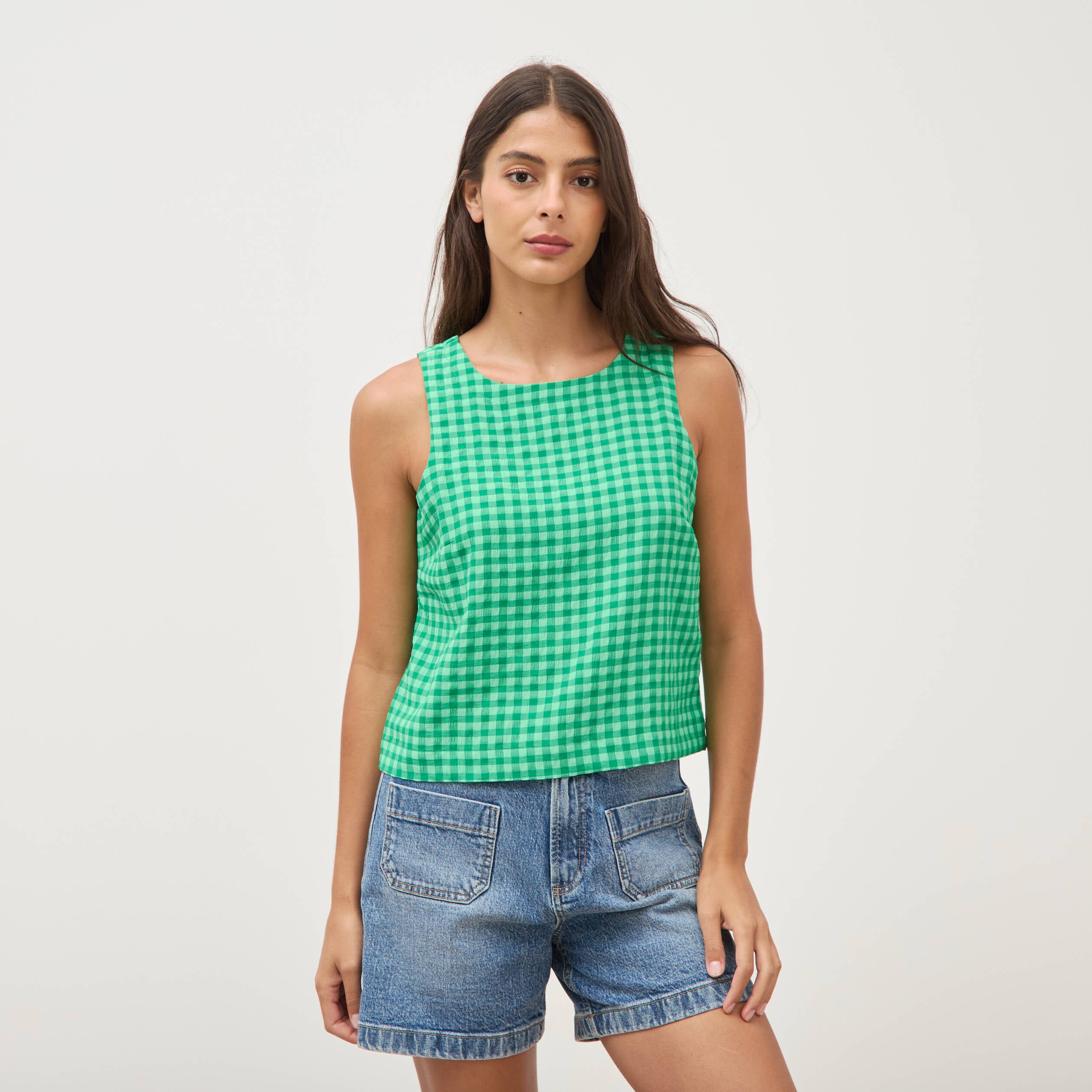Blouse vichy droite cropped sans manches vert femme