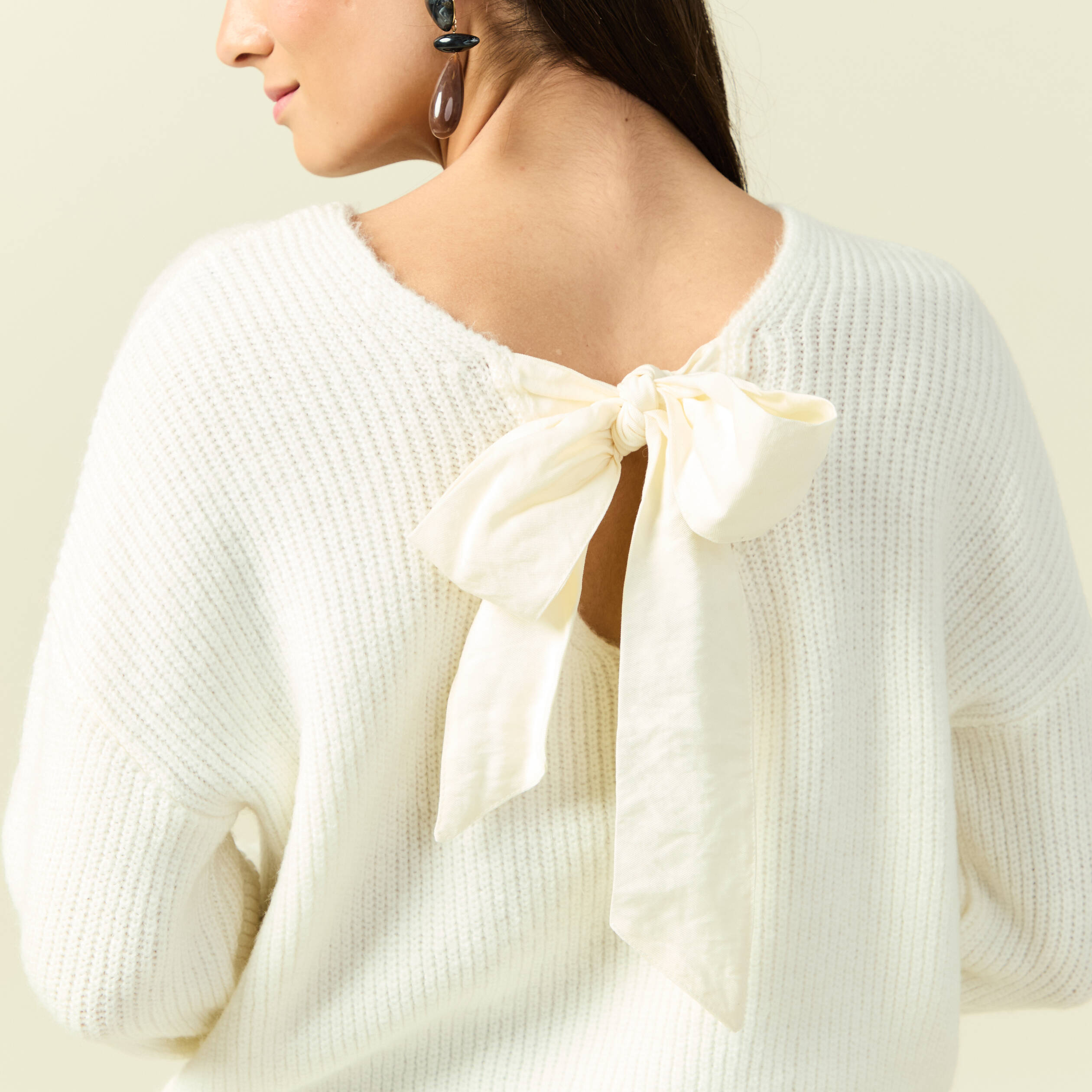 Pull col rond manches longues ecru femme