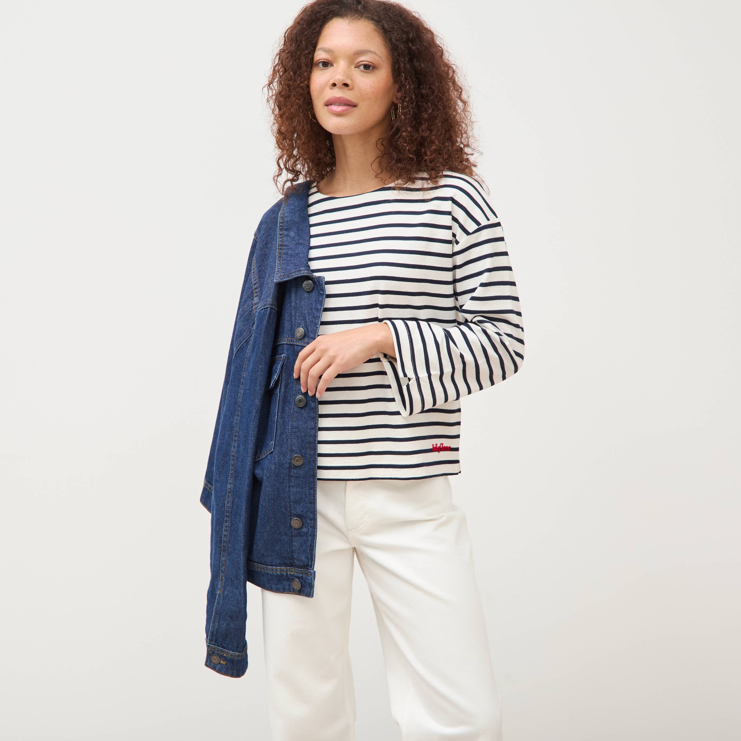 Pull droit manches longues broderie ecru femme