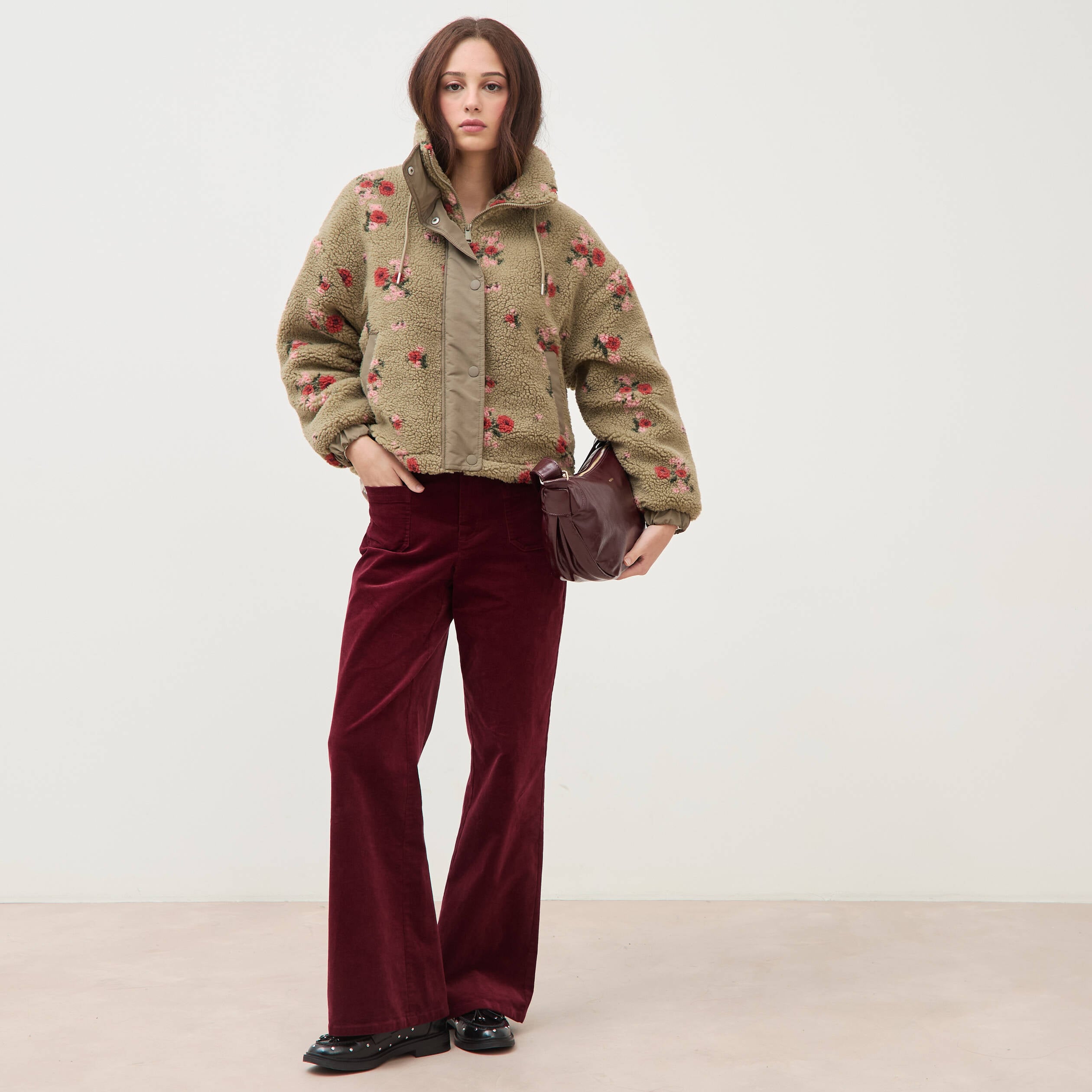 Blouson oversize sherpa col montant vert femme