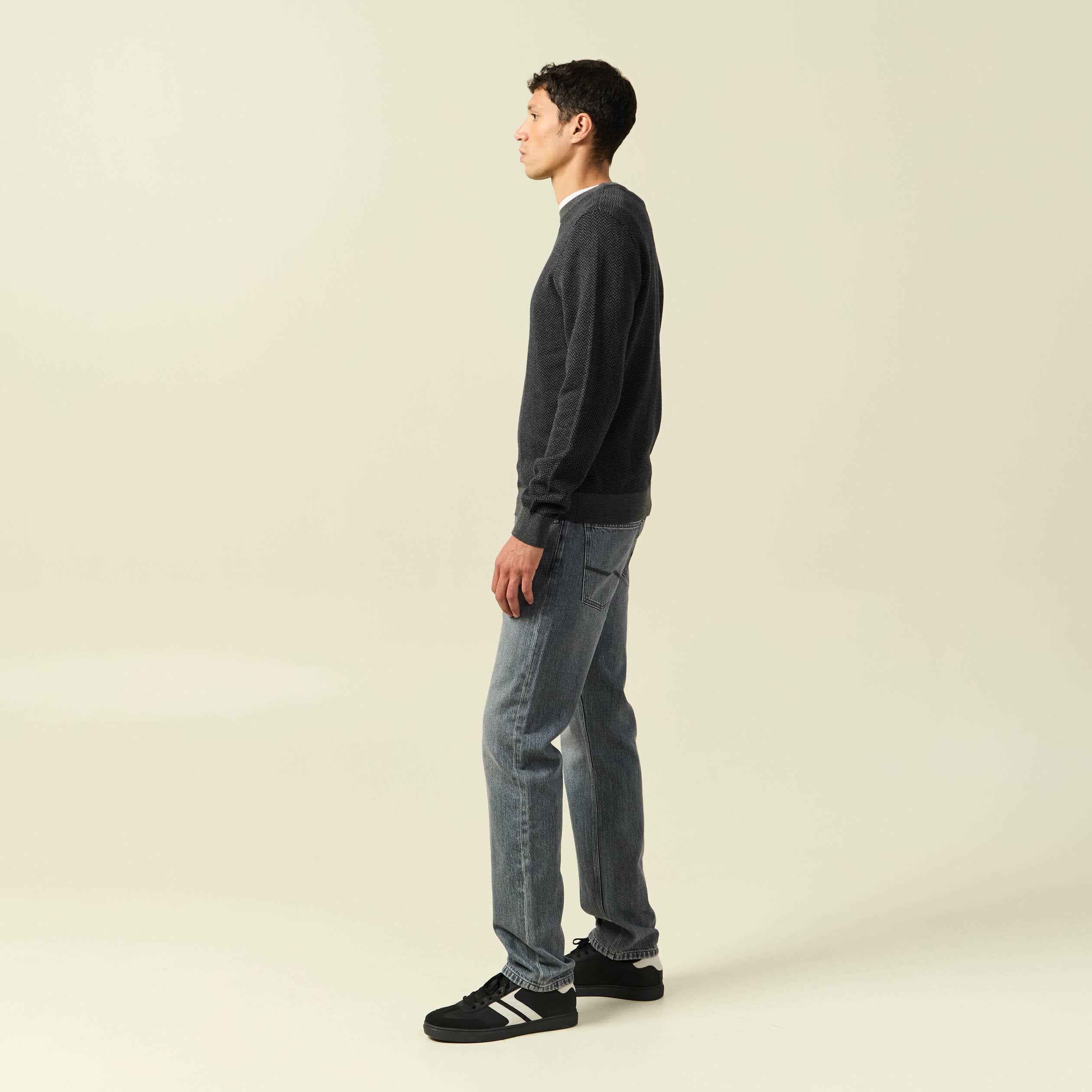 Pull col rond manches longues en coton bleu marine homme