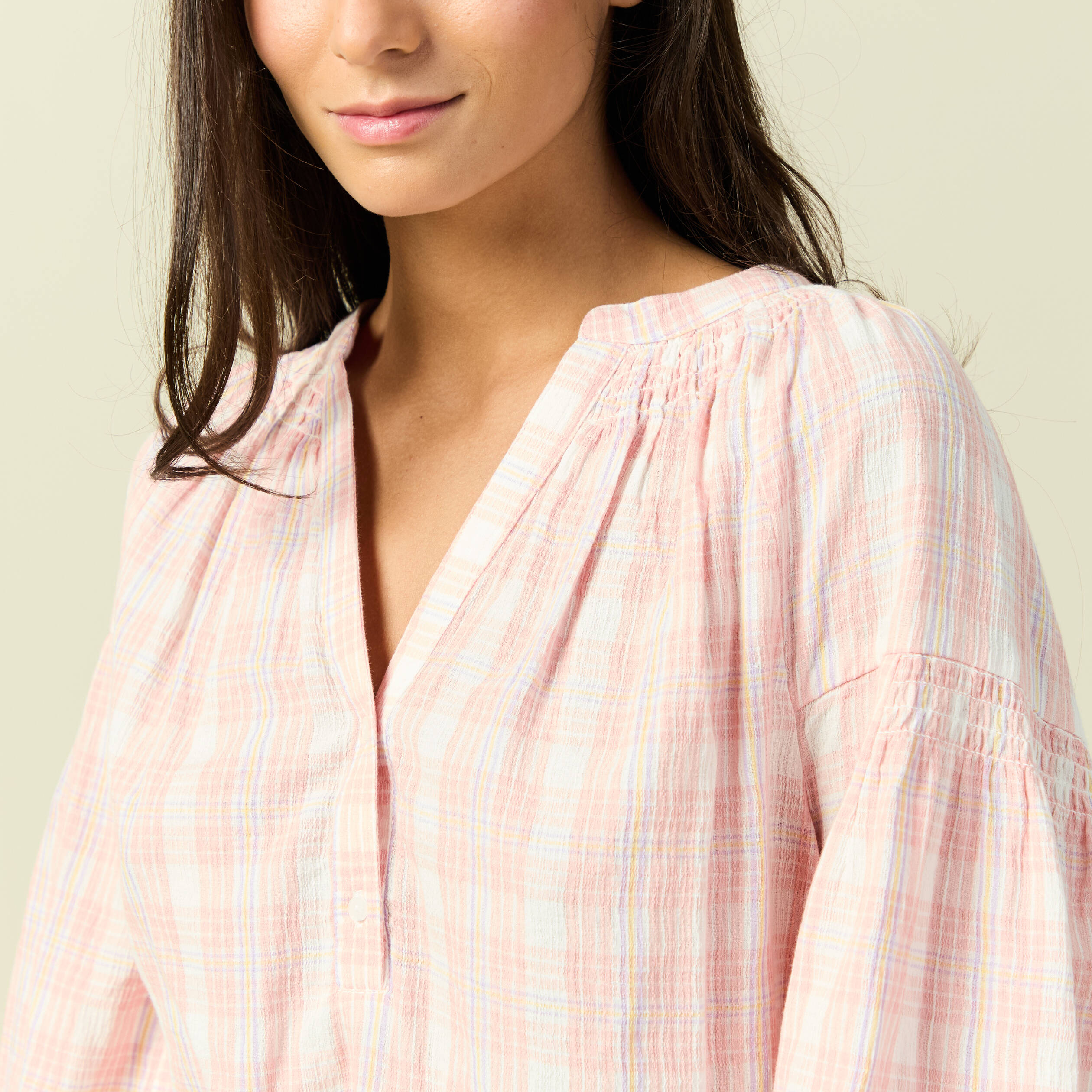 Blouse en coton &agrave; carreaux blanc femme