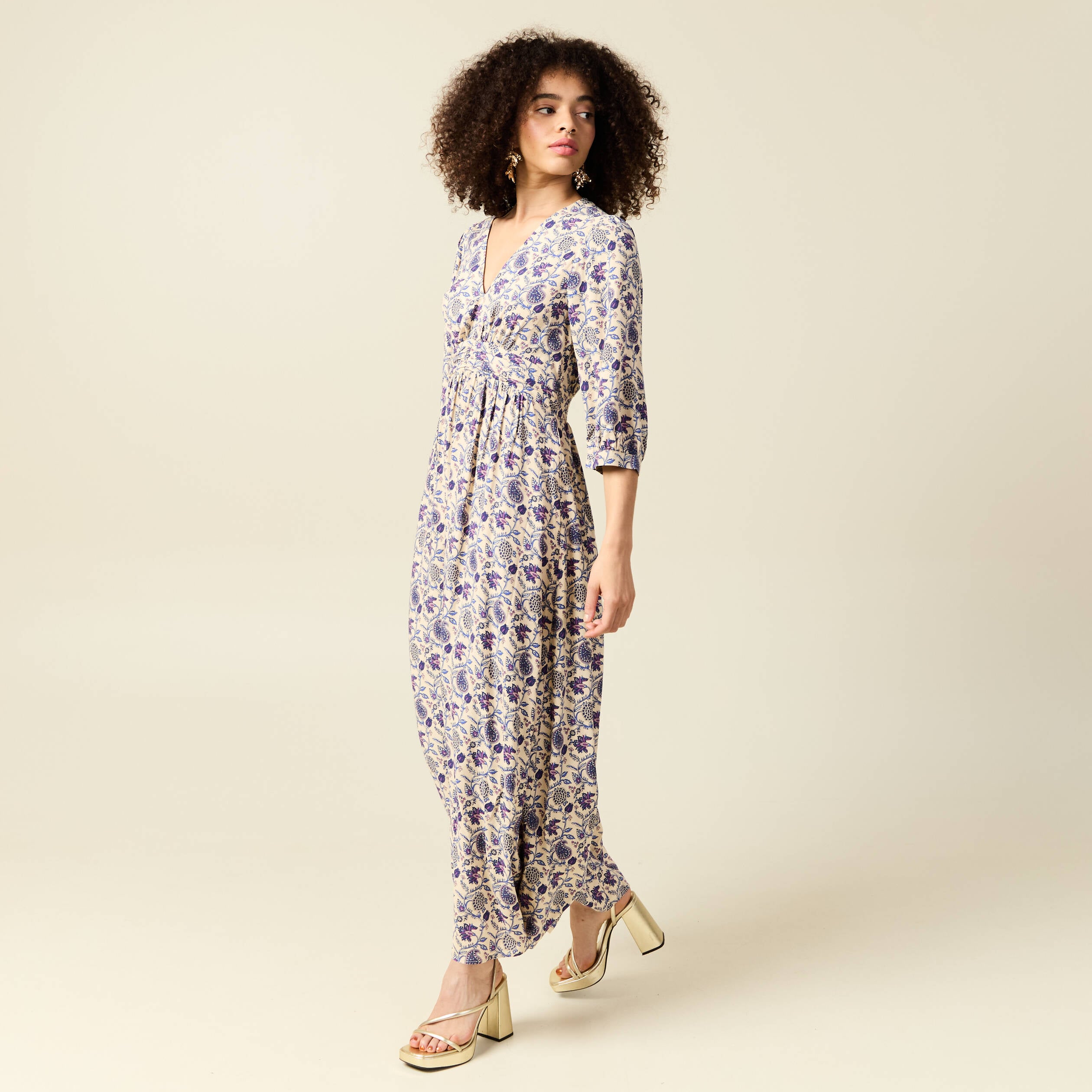 Robe col V manches longues bleu femme