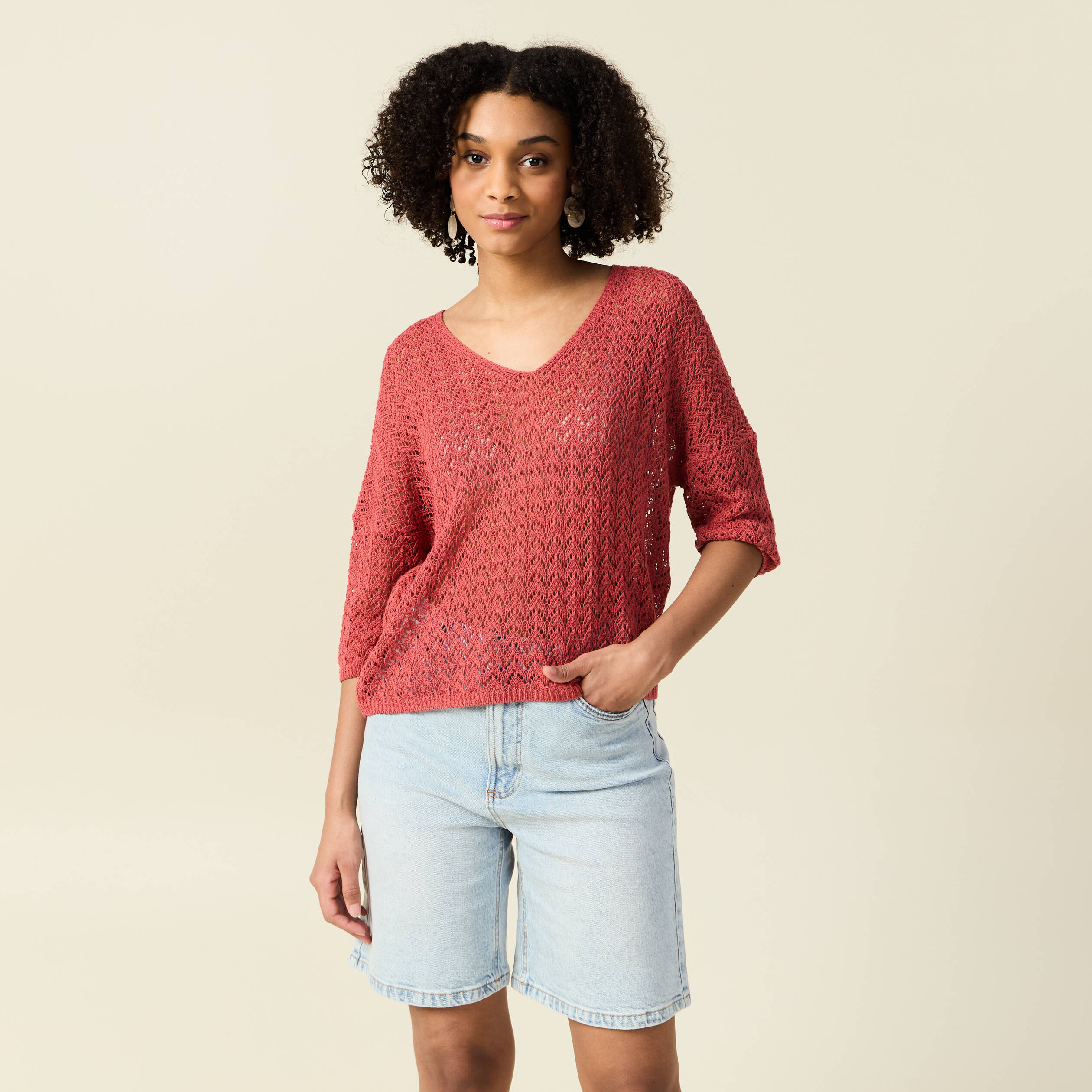 pull manches 34 ajoure vieux rose femme Pull manches 3/4 ajouré vieux rose femme