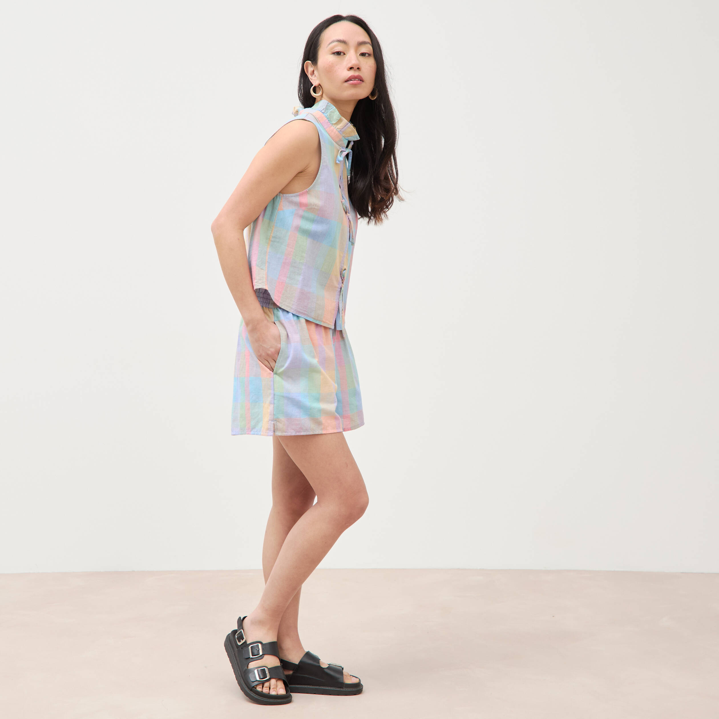 Top sans manches col montant en coton multicolore femme