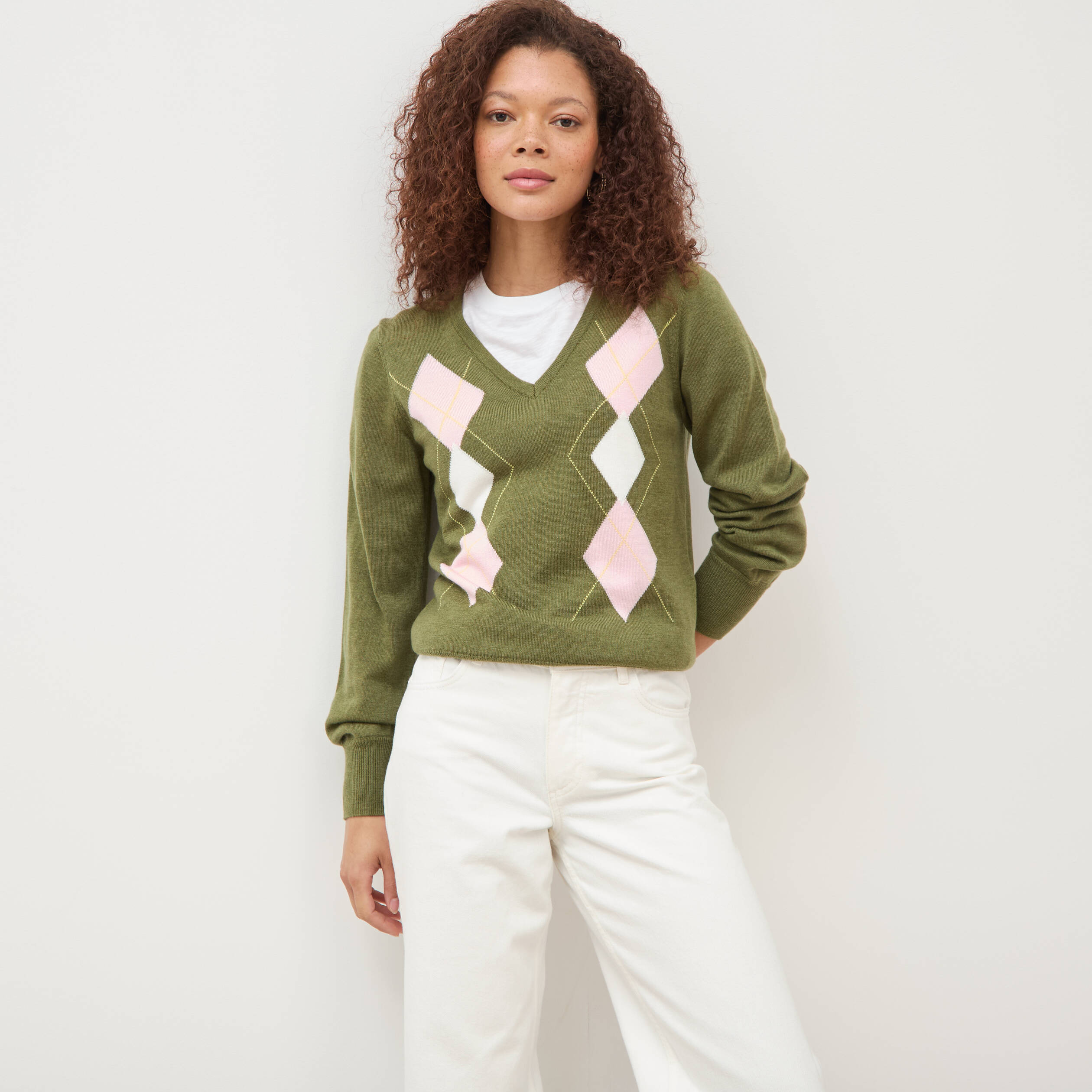 Pull col v manches longues vert femme