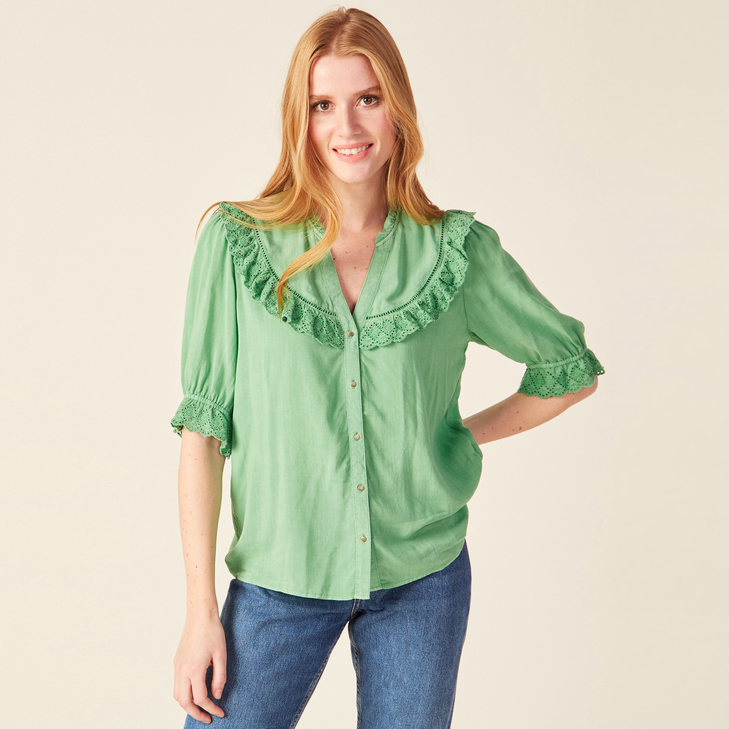 Chemise manches 3/4 vert clair femme