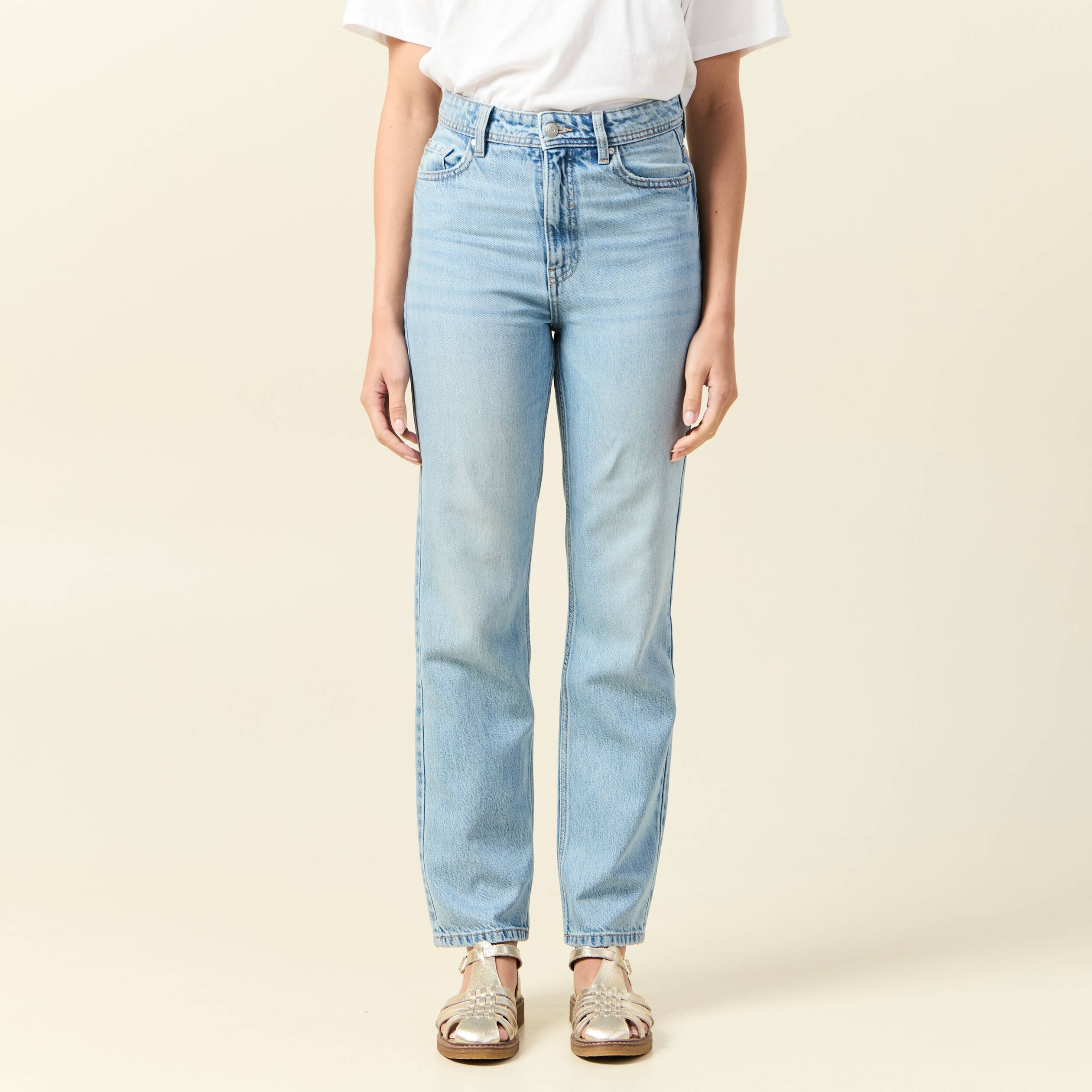 Jeans straight taille haute 7/8&egrave;me denim baby bleu femme