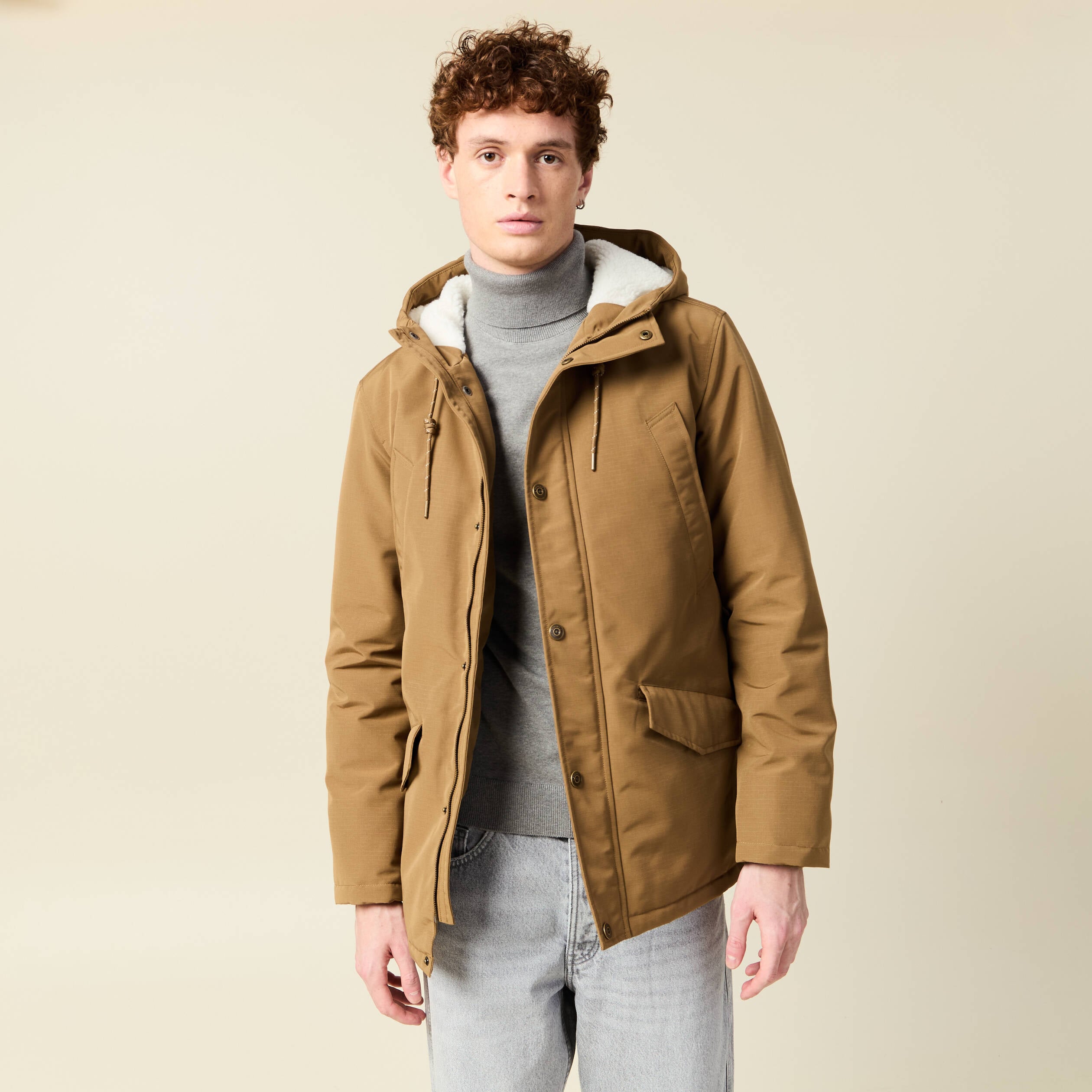 Parka droite mi-longue &agrave; capuche beige homme