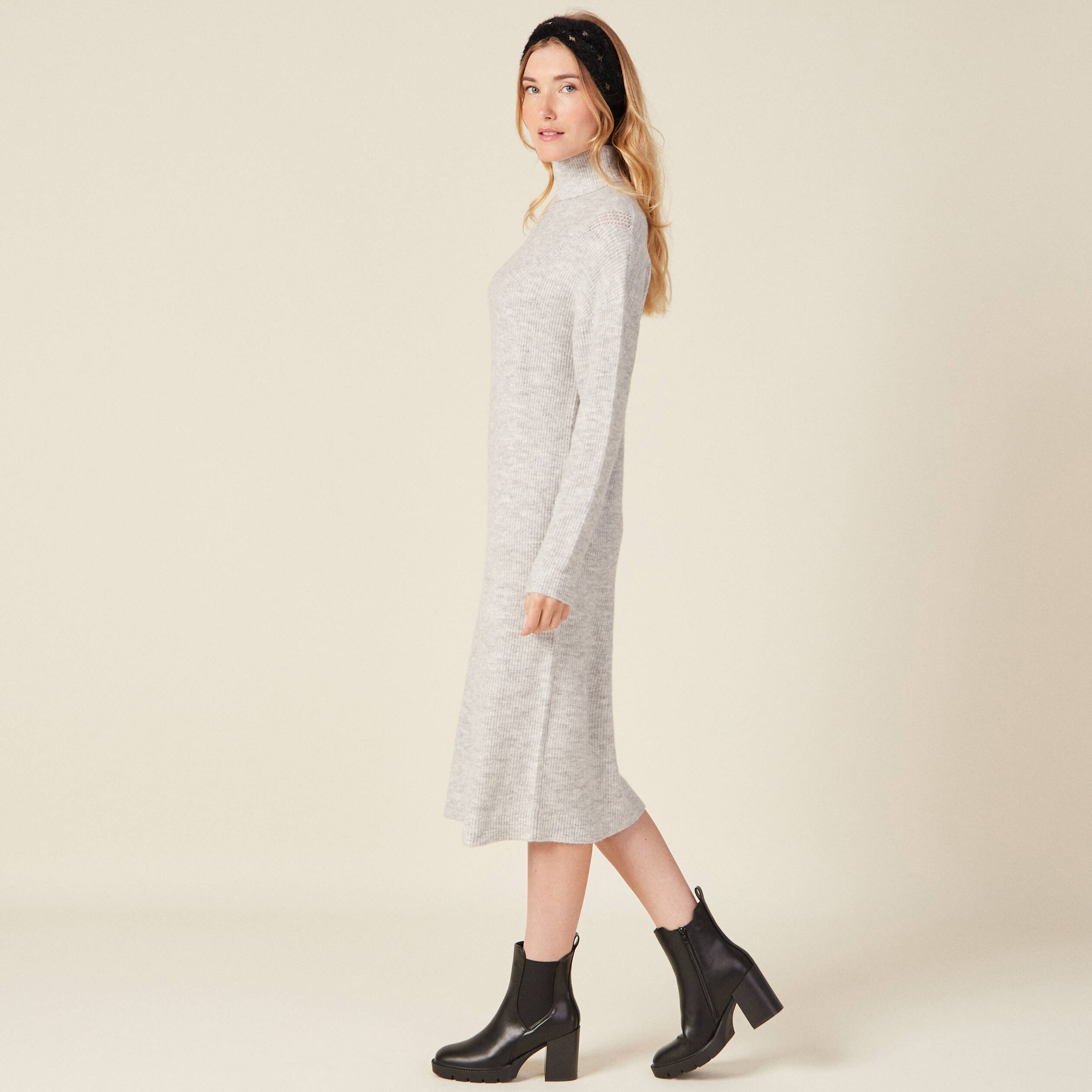 robe pull longue col roule gris femme Robe pull longue col roulé gris femme