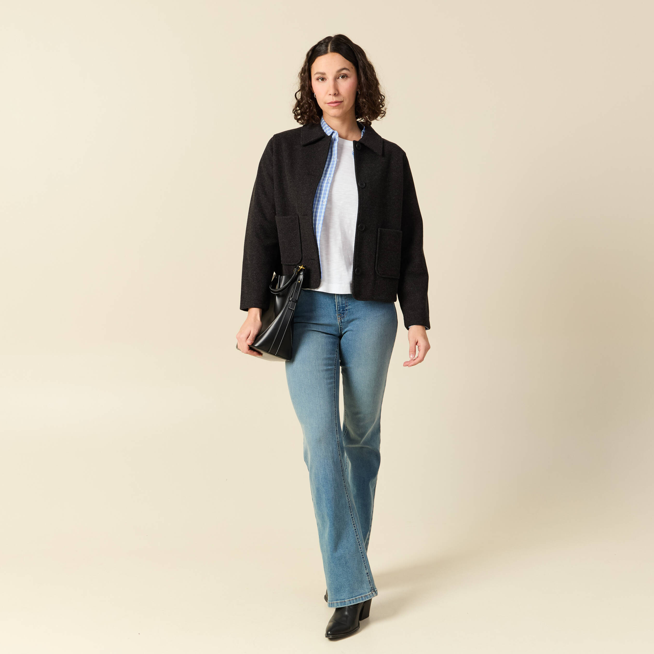 Cardigan droit court col classique gris fonc&eacute; femme