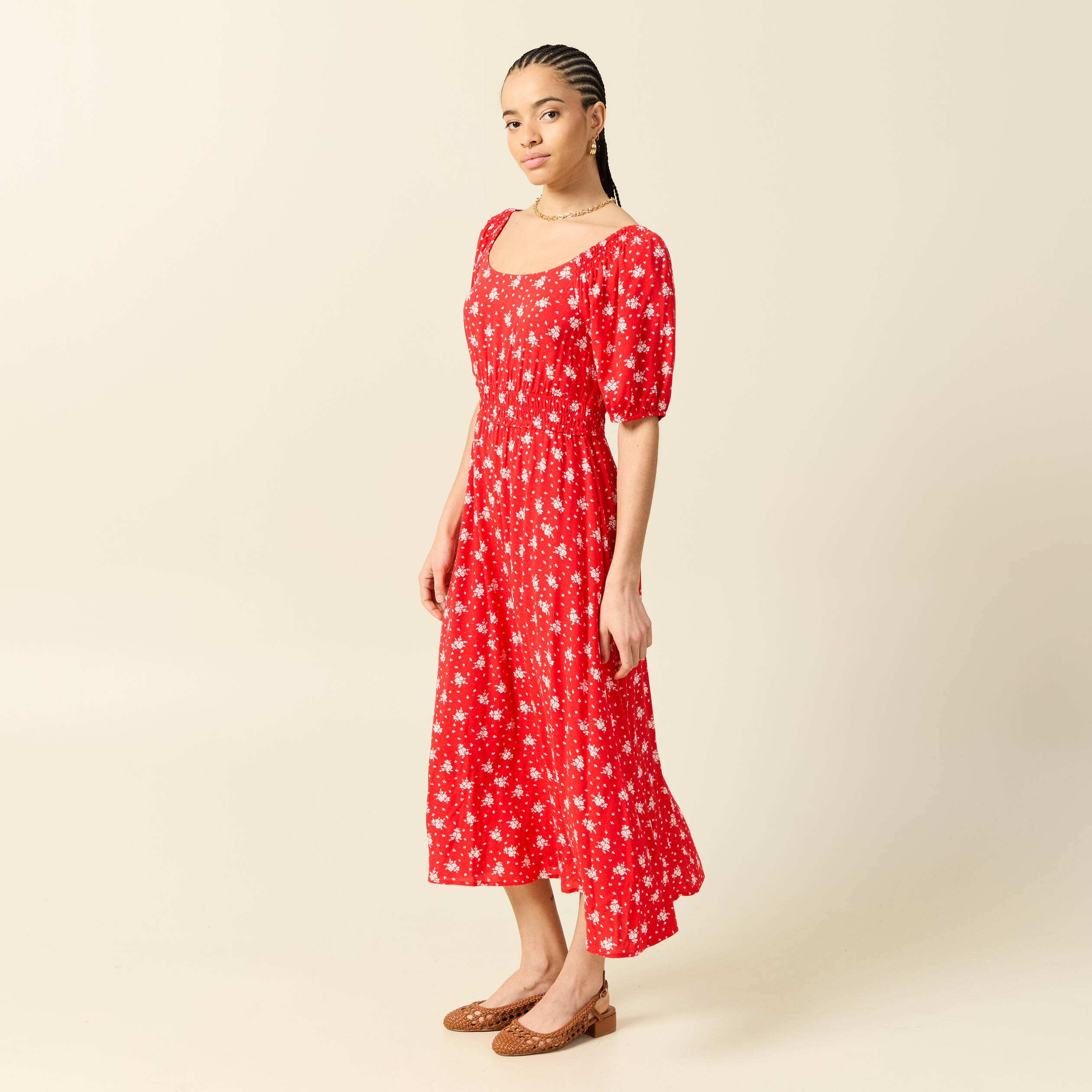 Robe longue &eacute;vas&eacute;e manches courtes rouge femme