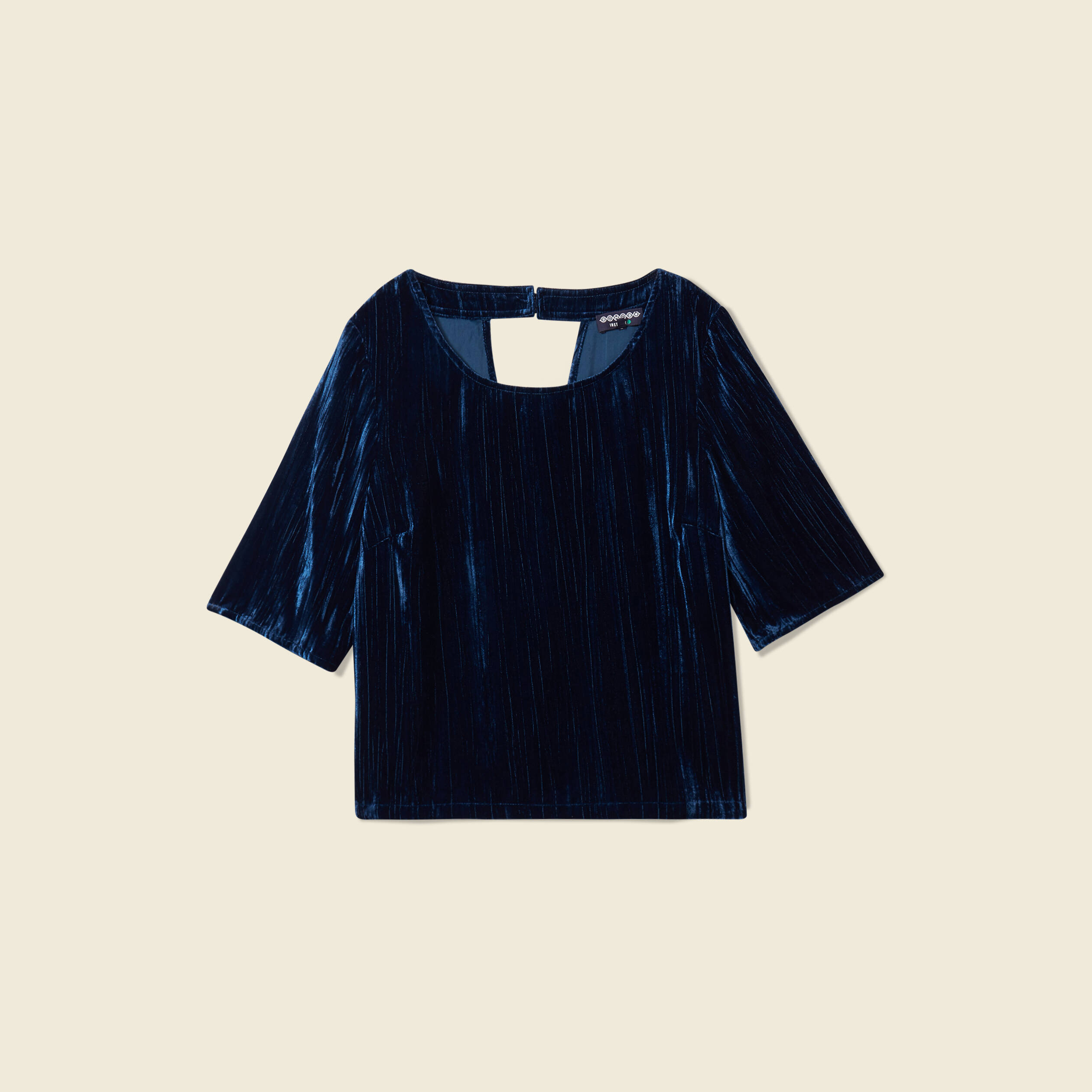 Blouse ajust&eacute;e manches courtes velours bleu canard femme
