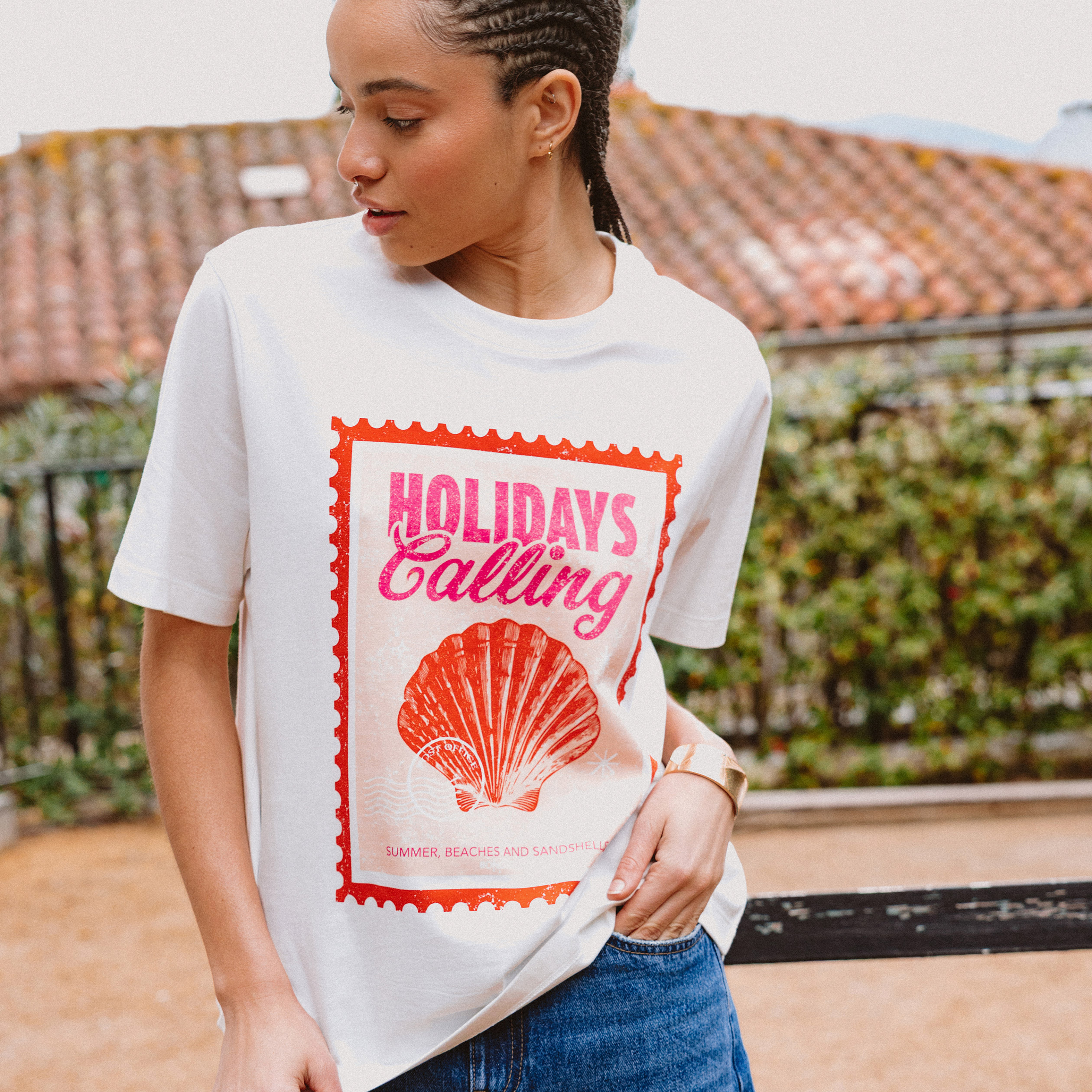T-shirt droit en coton manches courtes ecru femme