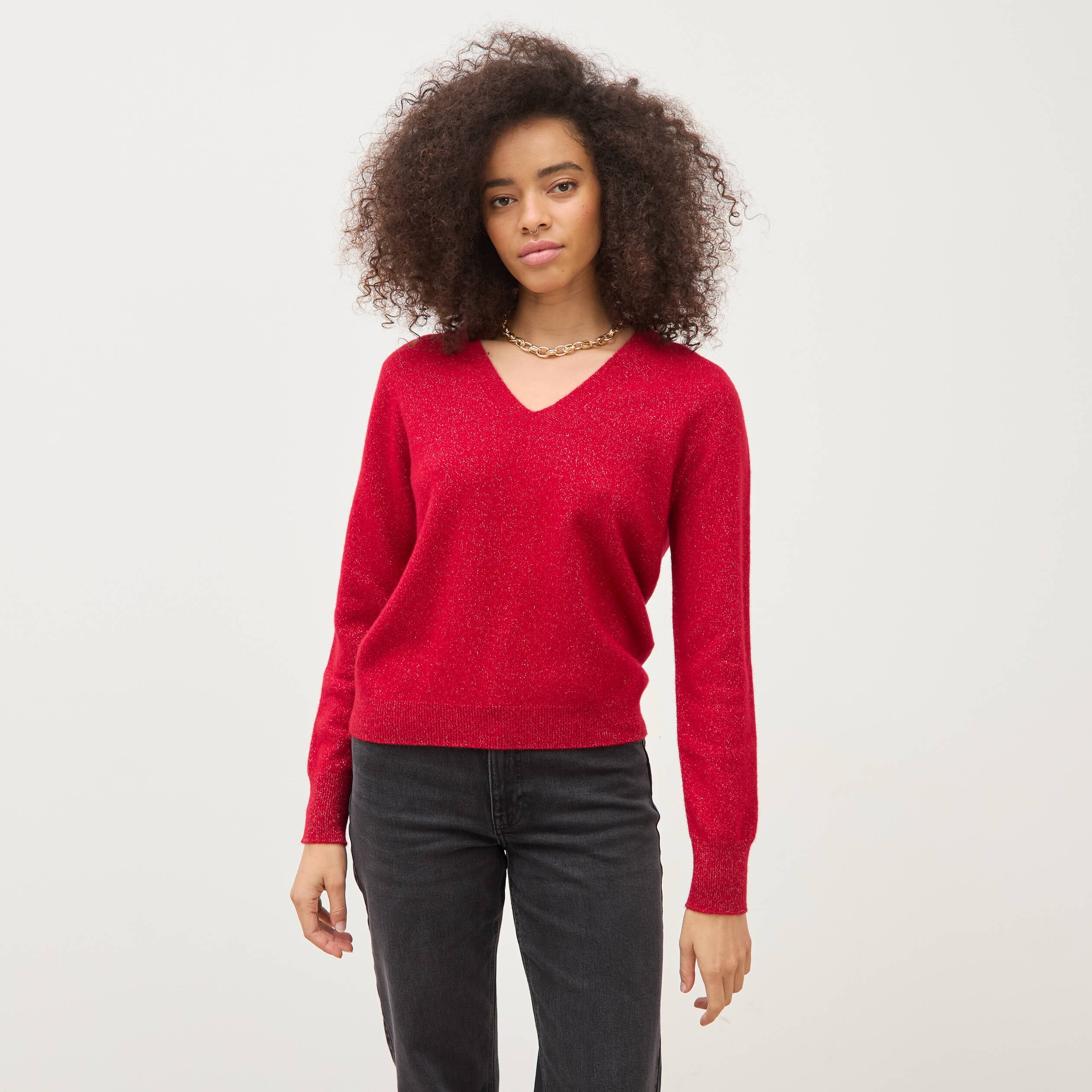 Pull droit col v manches longues rouge femme