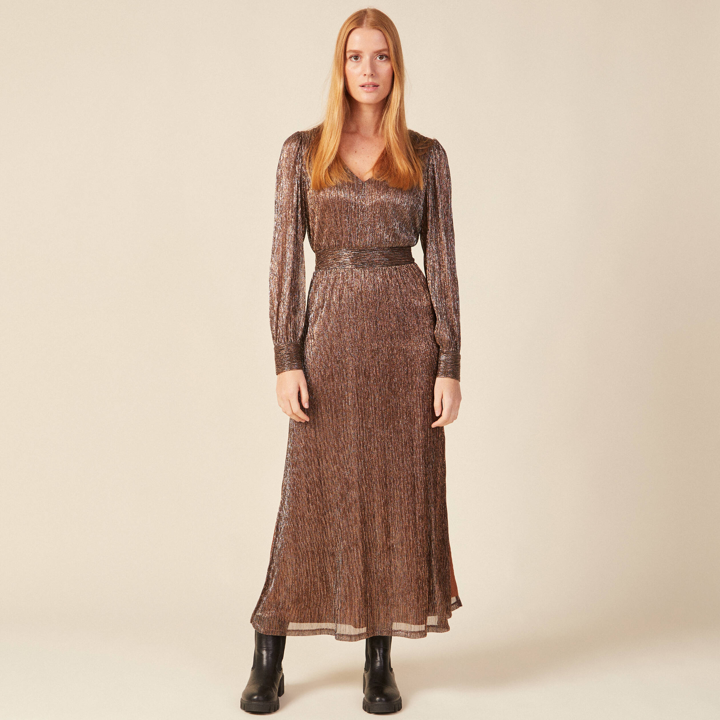 robe longue evasee col en v marron cognac femme Robe longue évasée col en V marron cognac femme