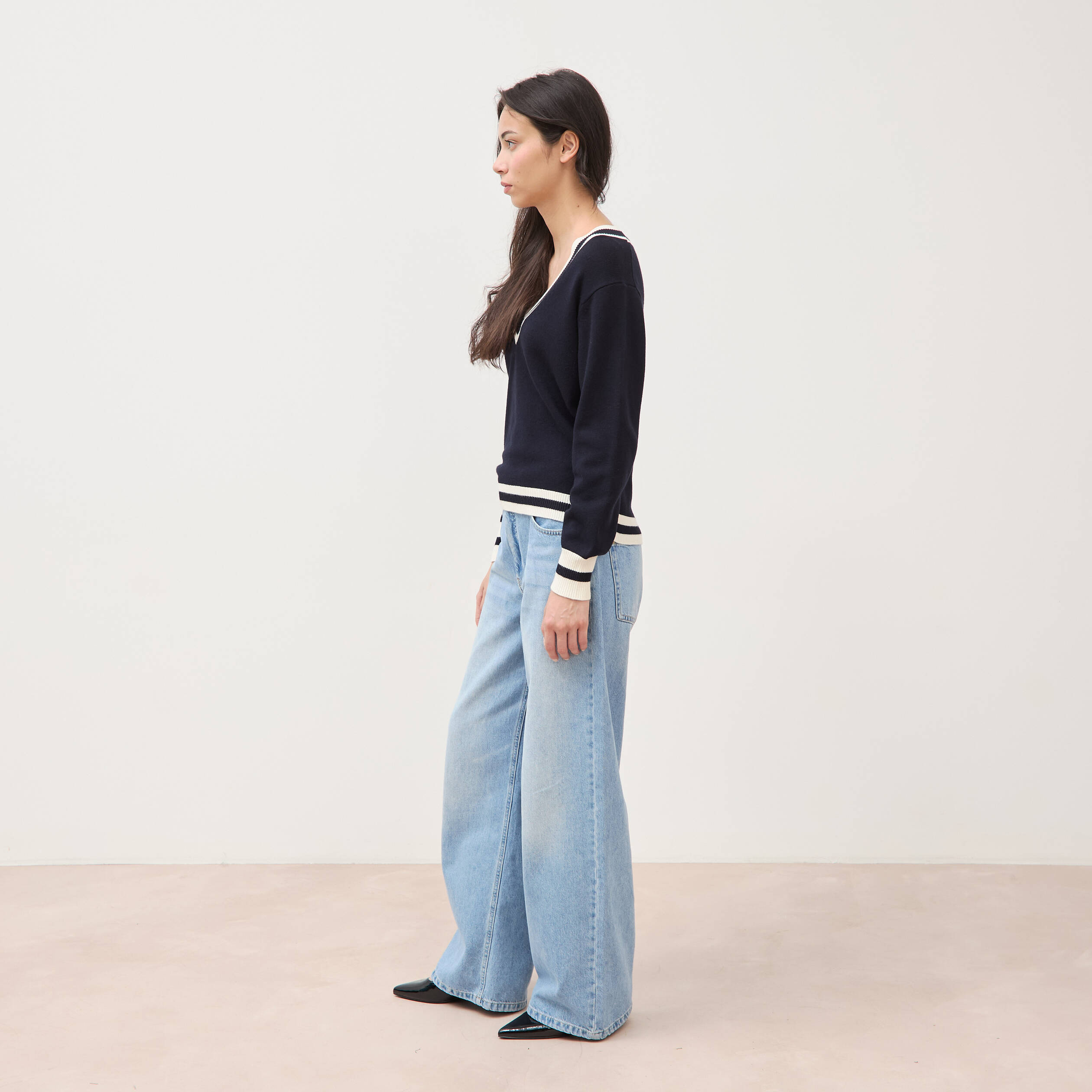 Pull manches longues bleu fonc&eacute; femme