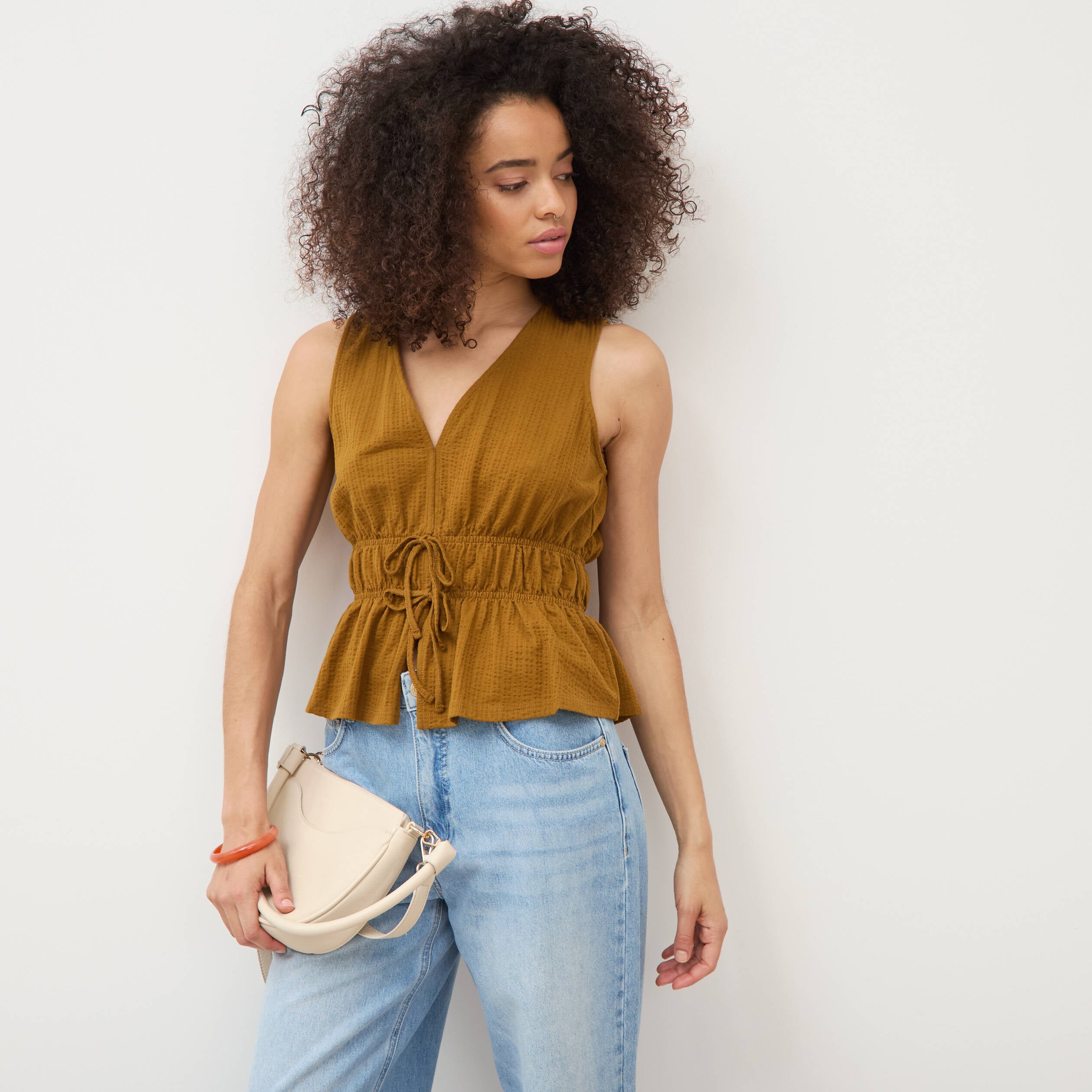 D&eacute;bardeur col v n&oelig;uds en coton vert olive femme