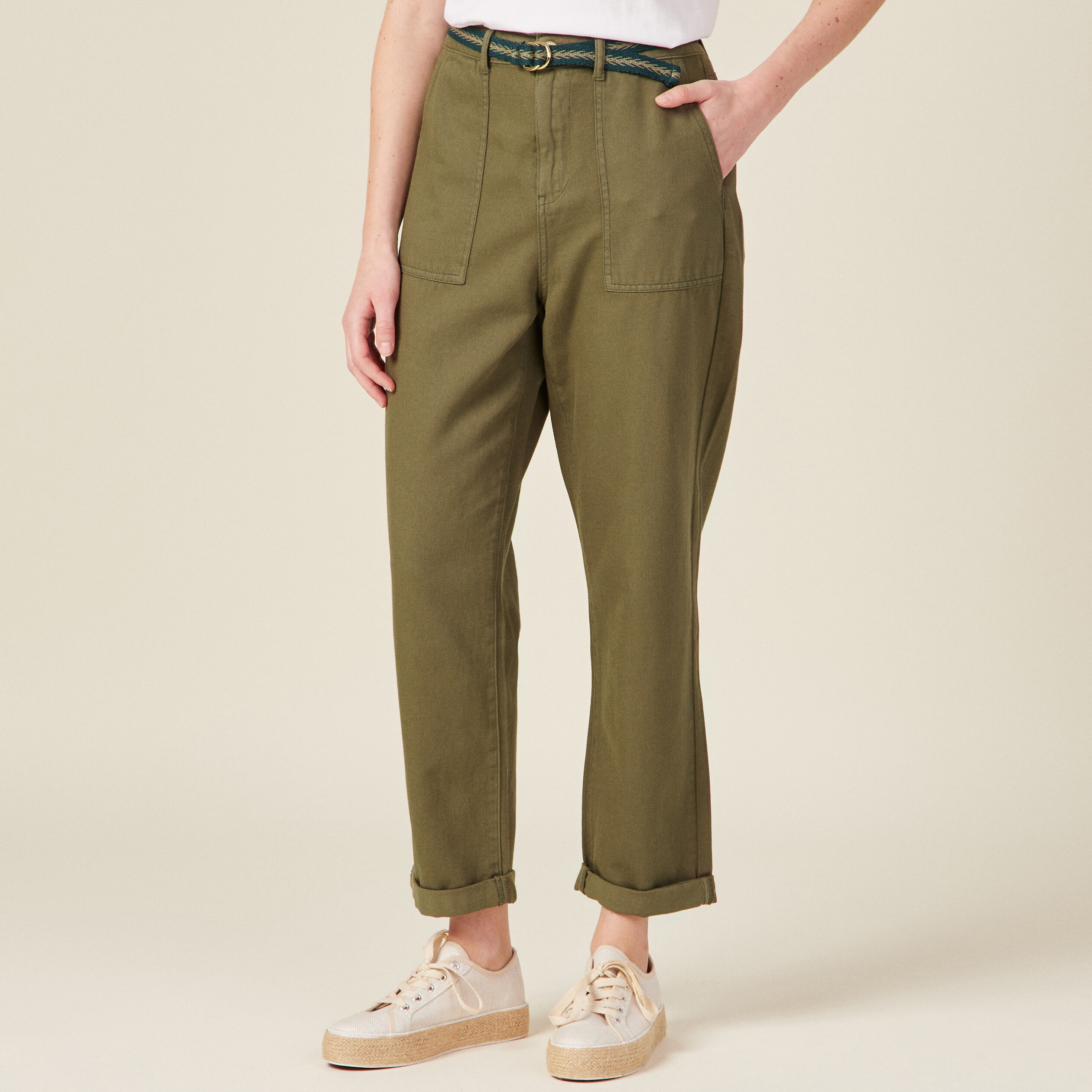 pantalon large ceinture vert kaki femme Pantalon large ceinturé vert kaki femme
