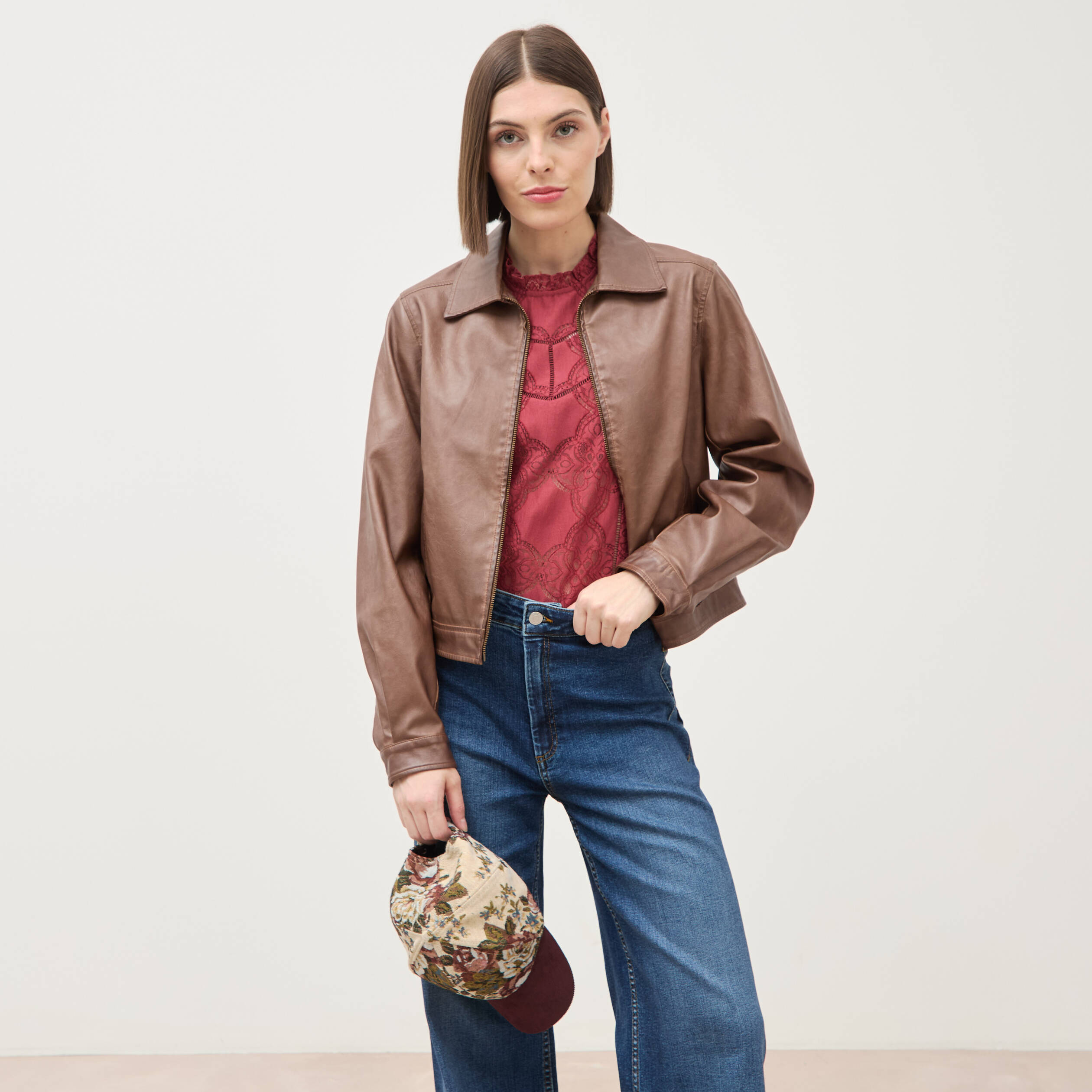 Blouson manches longues similicuir marron femme