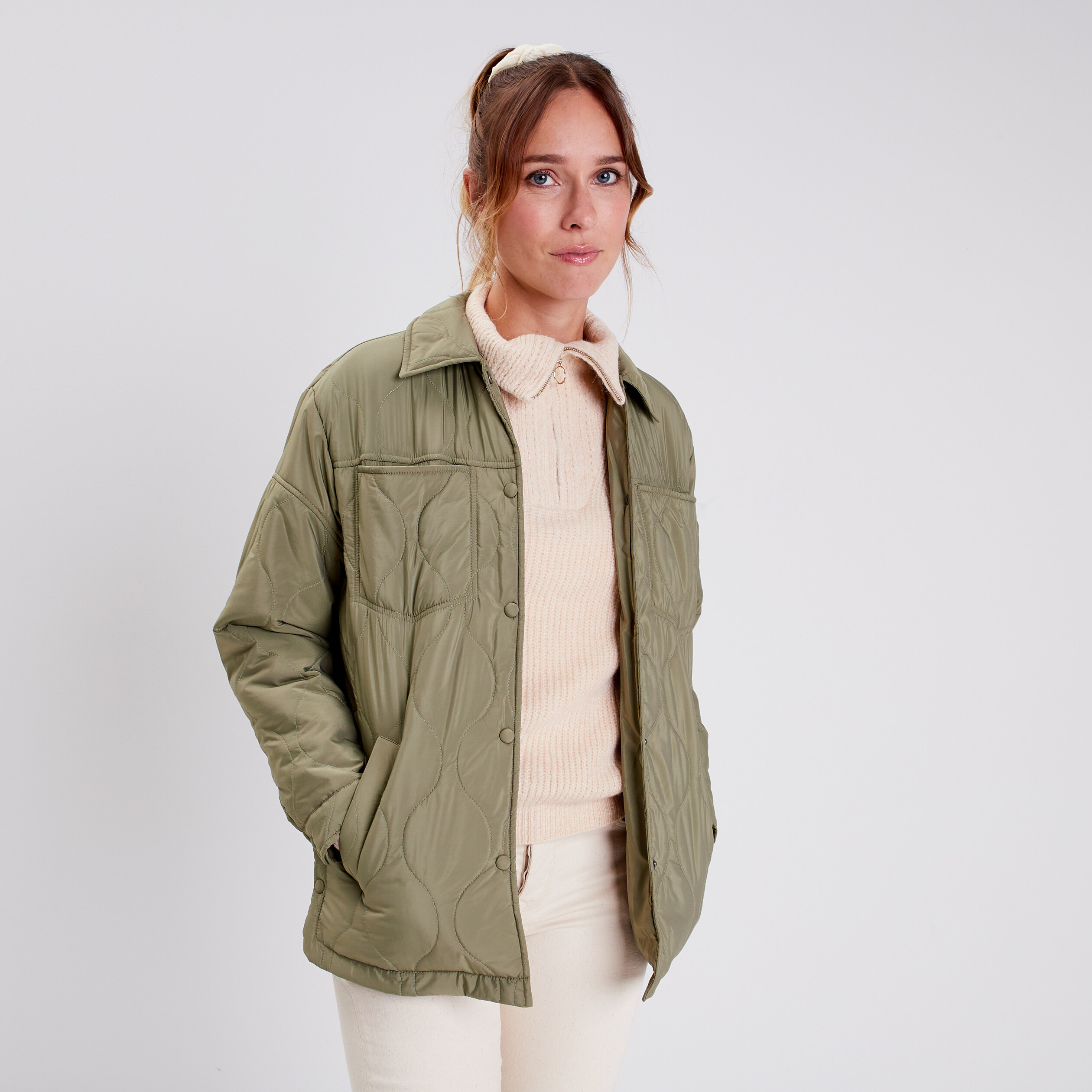 Manteau droit éco-responsable vert kaki femme