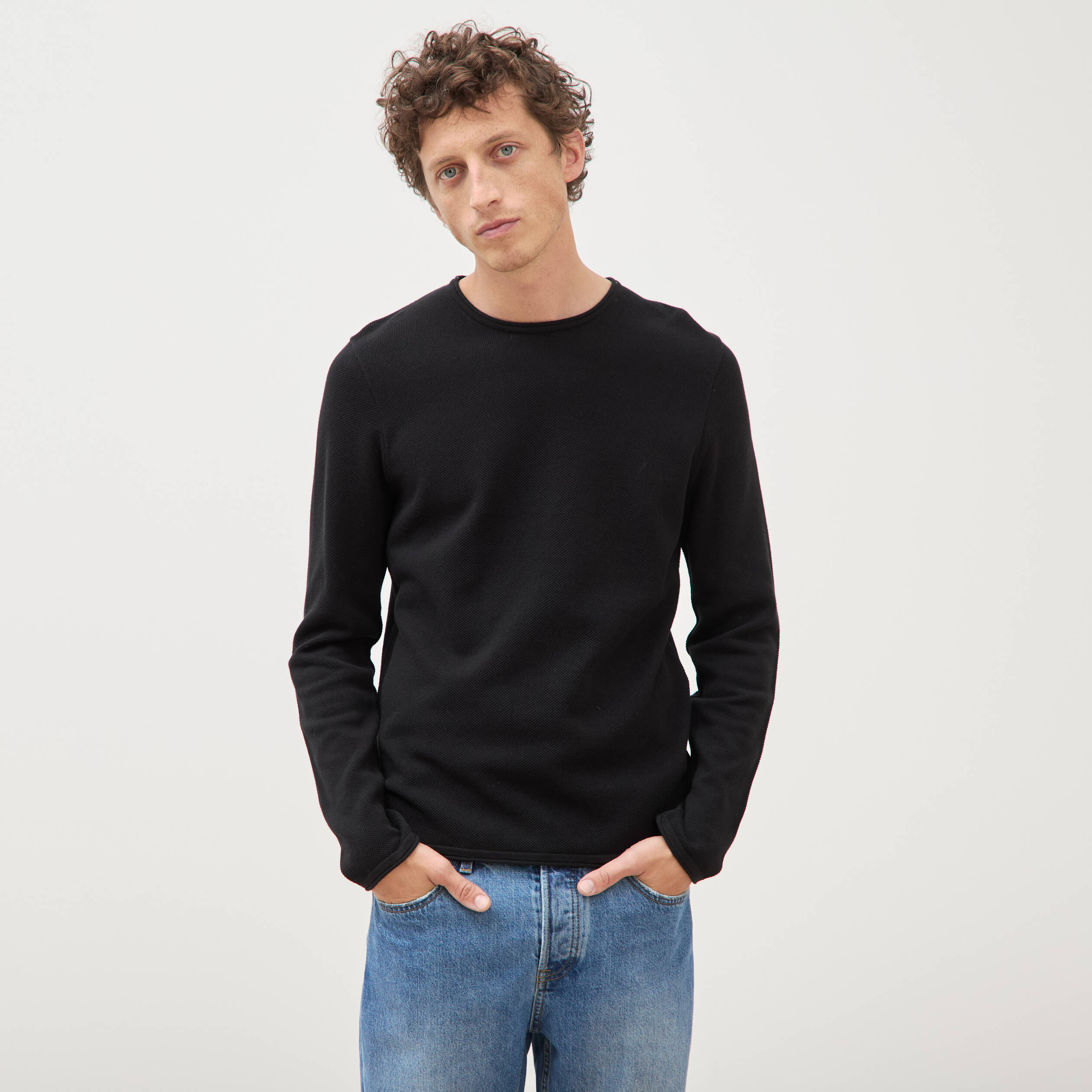 Pull col rond manches longues noir homme