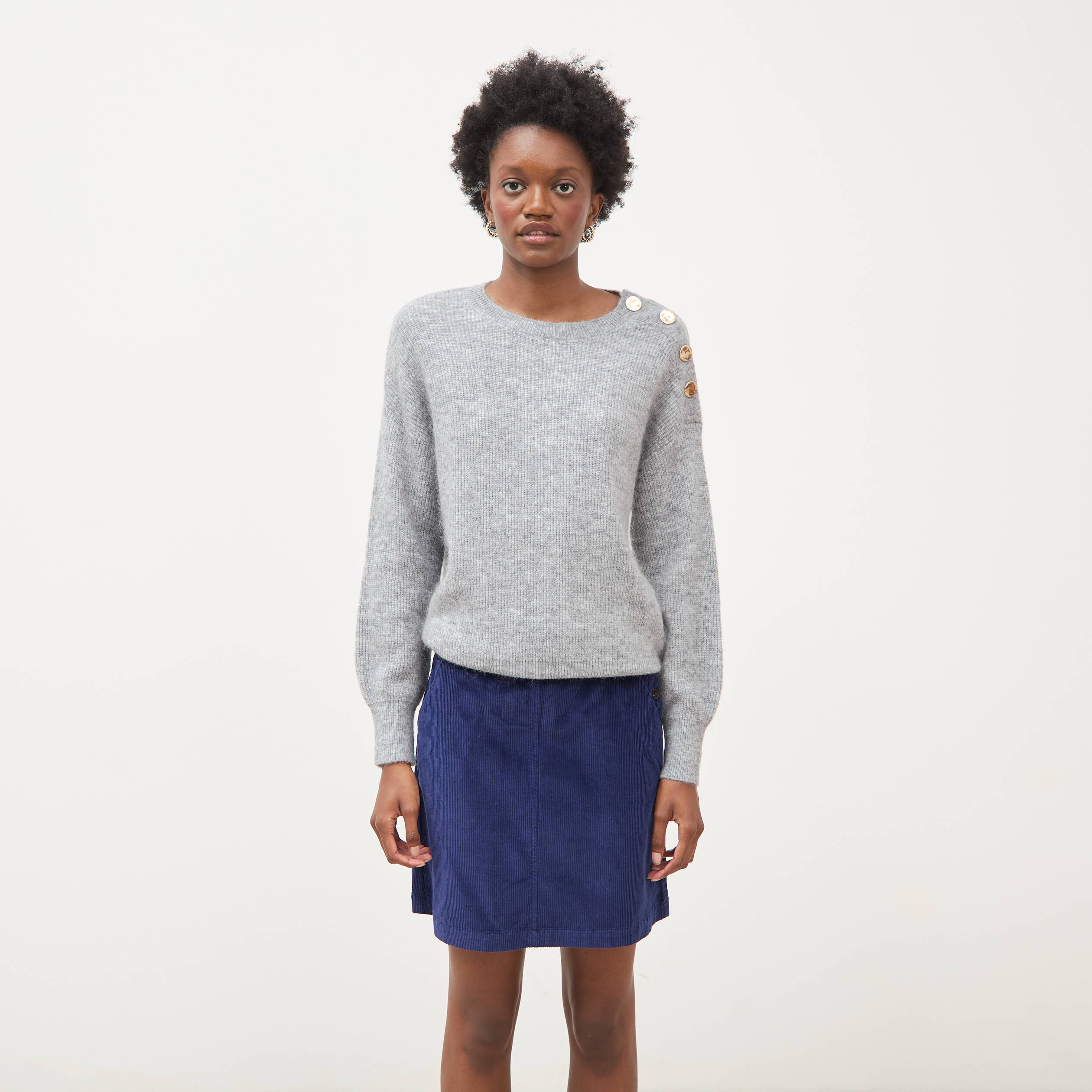 Pull droit col rond manches longues gris femme
