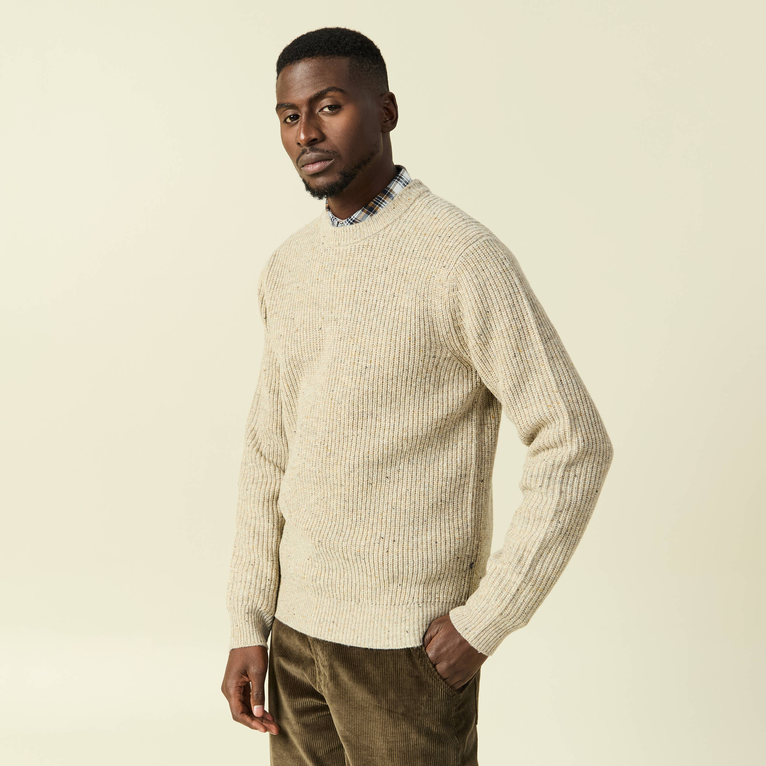 Pull droit manches longues beige homme