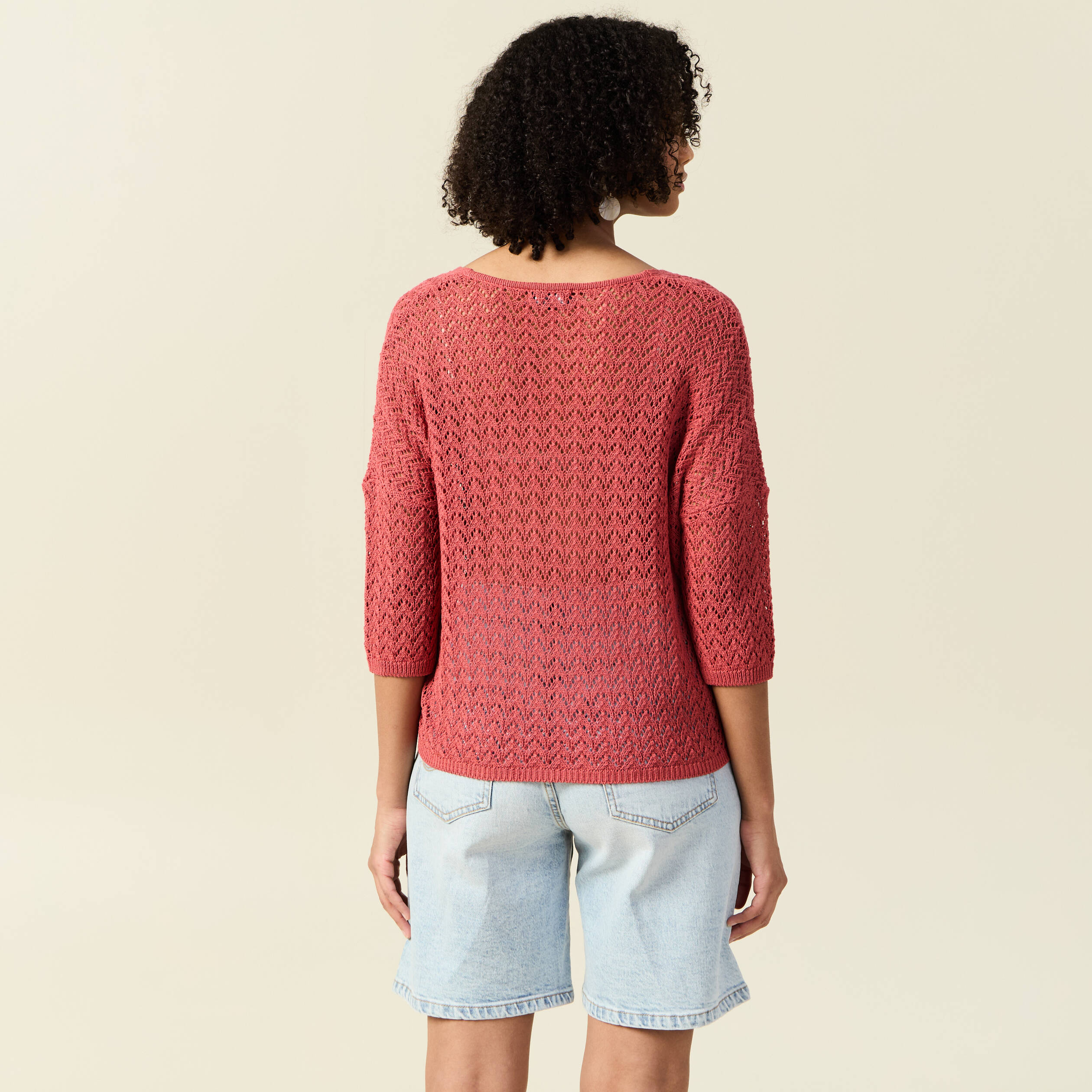 pull manches 34 ajoure vieux rose femme Pull manches 3/4 ajouré vieux rose femme