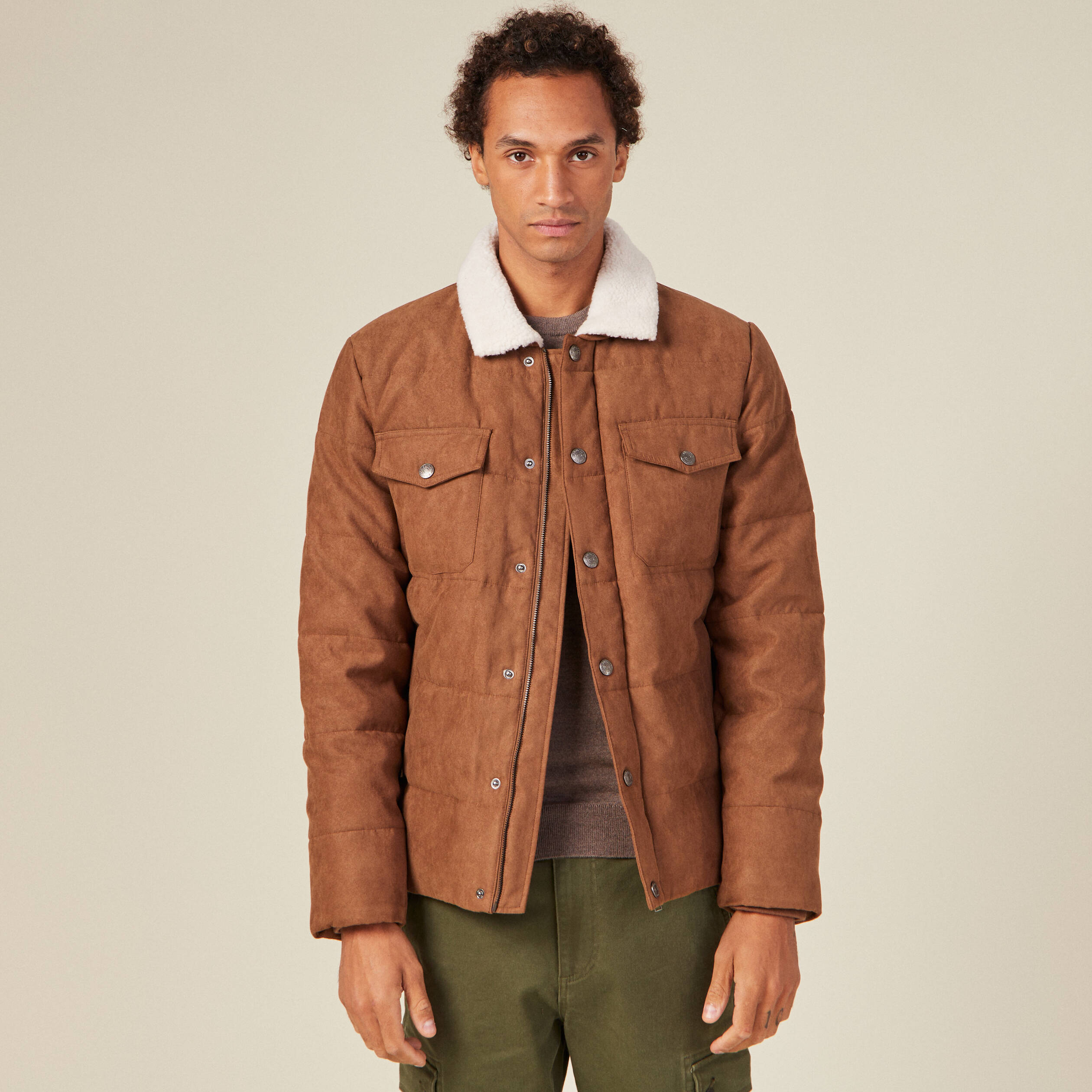 Doudoune suédine droite marron homme