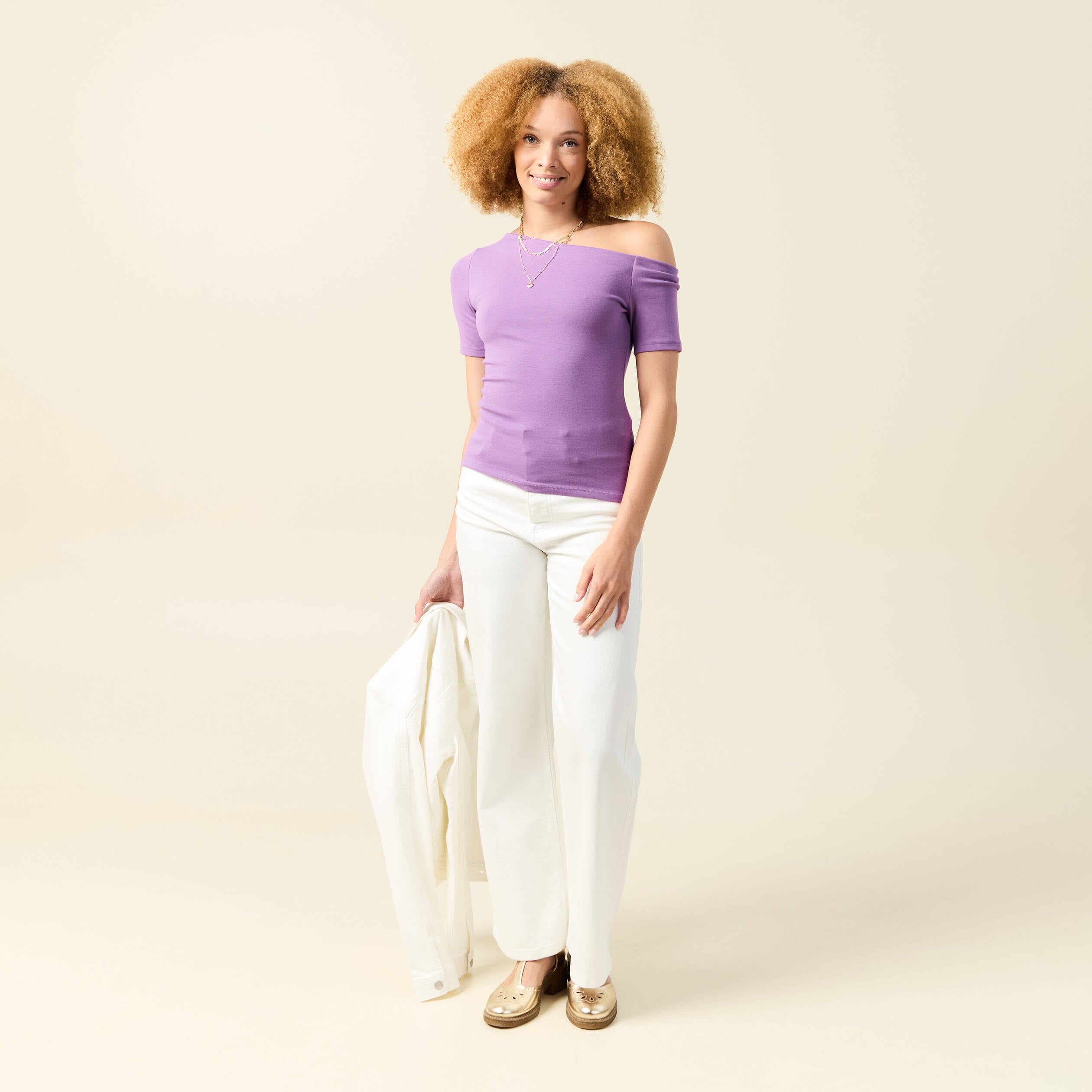 T-shirt asym&eacute;trique manches courtes violet femme