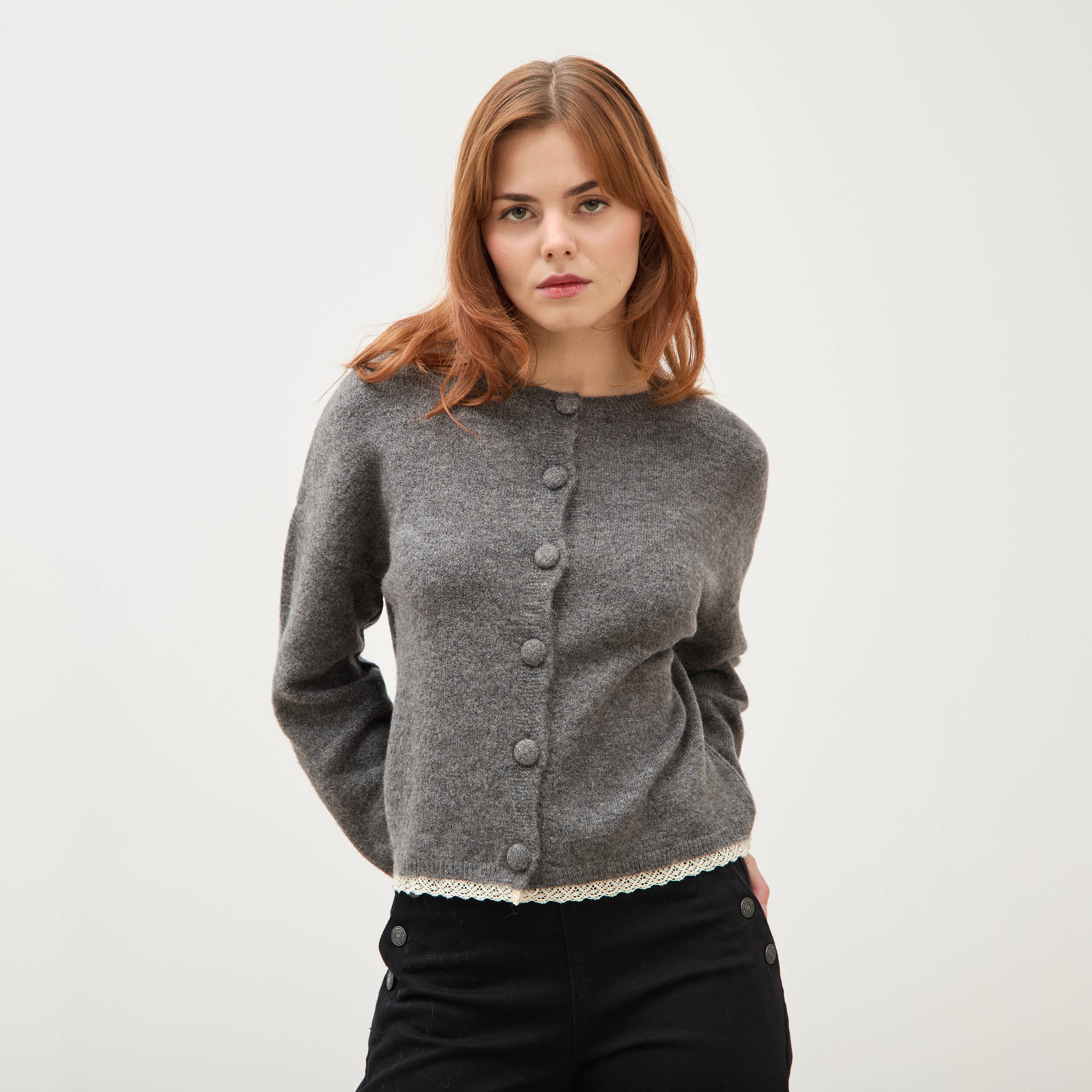 Gilet manches longues col rond gris femme