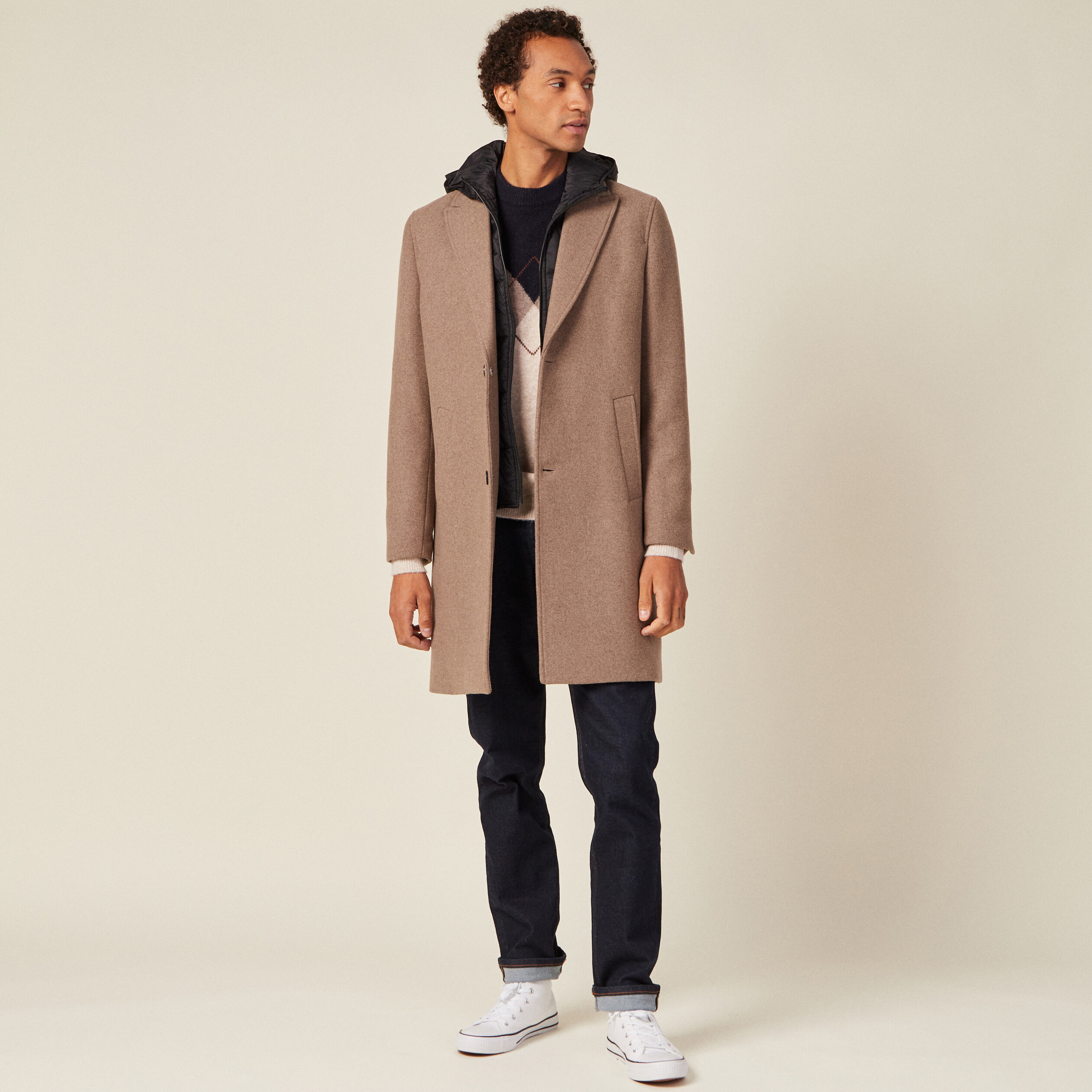 Manteau avec capuche amovible vert kaki homme
