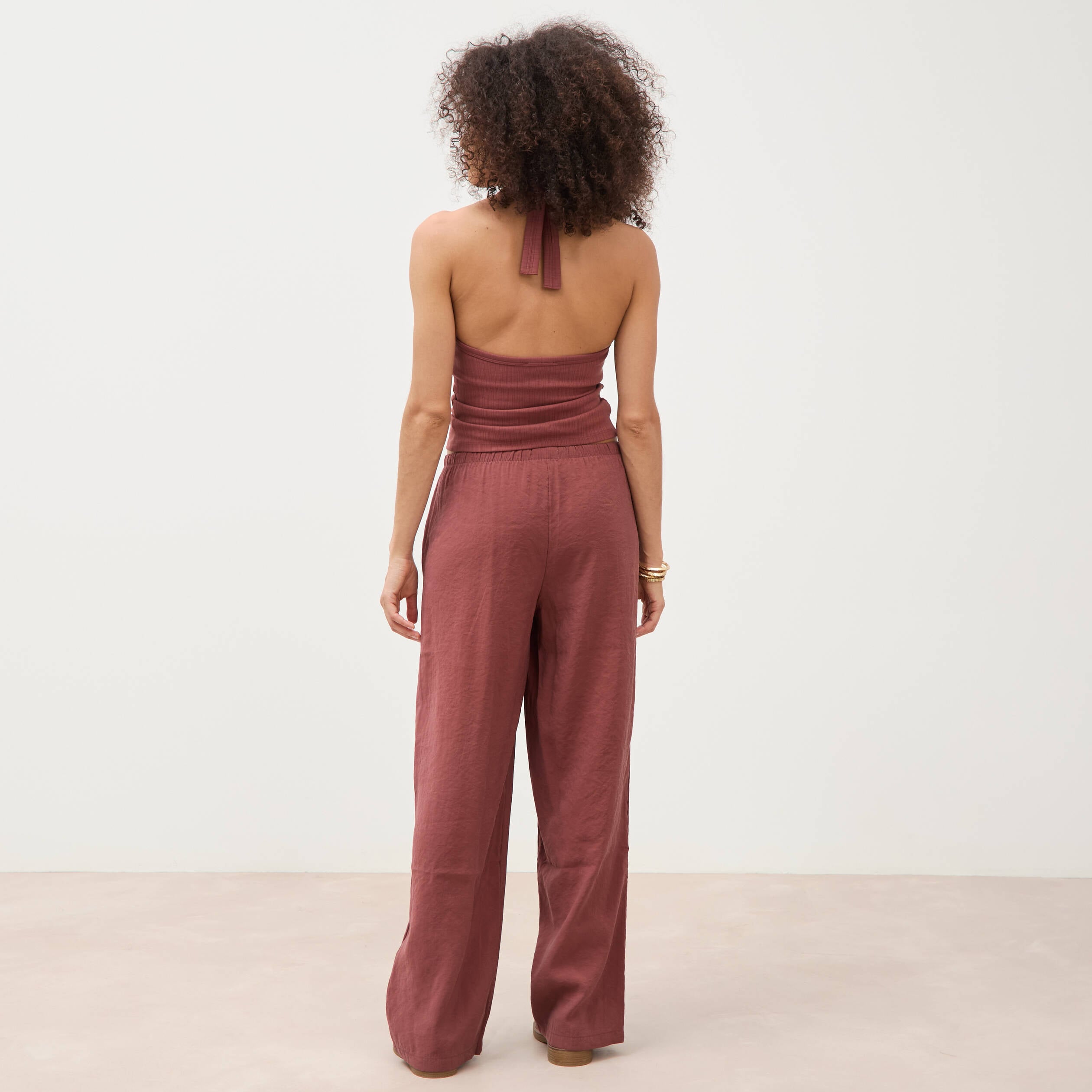Pantalon large taille standard fluide marron cognac femme
