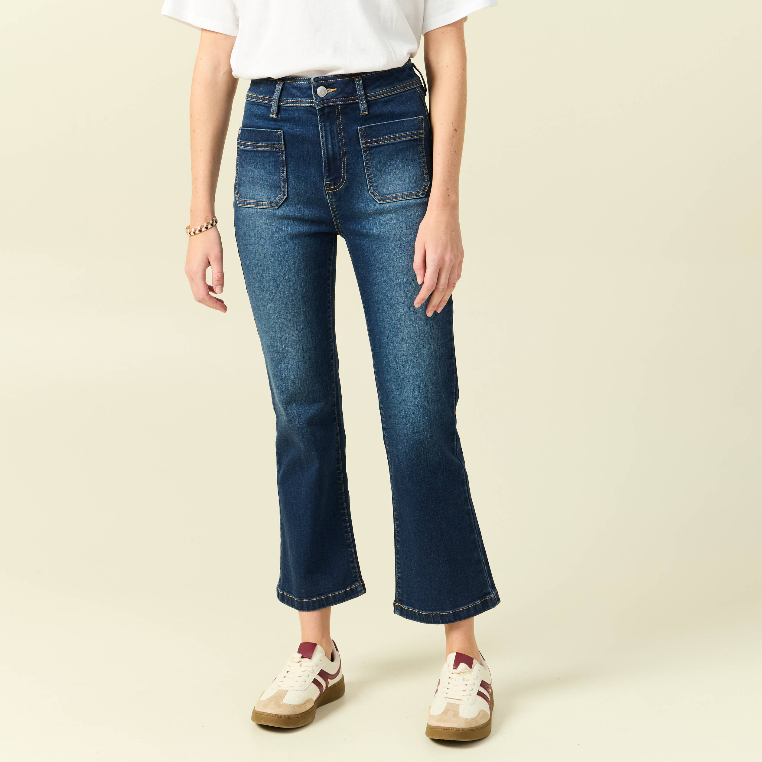 Jeans bootcut cropped taille haute denim brut femme